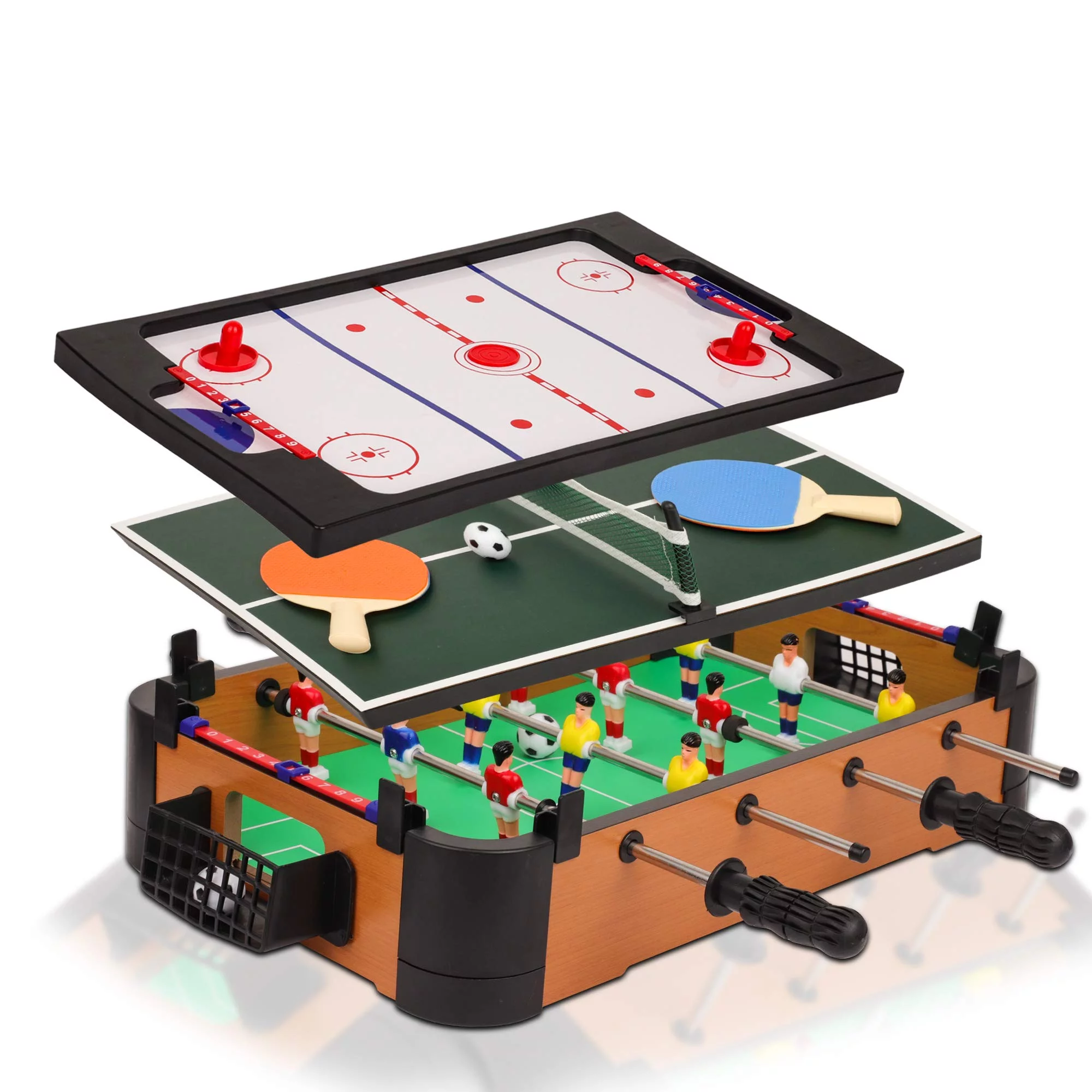 Point Games 3 in 1 Small Multi Game Set, Foosball, Air Hockey, Table Tennis – Portable Mini Arcade Table for Easy Carry – Perfect Arcade Gift for Children – Recommended Age 3+