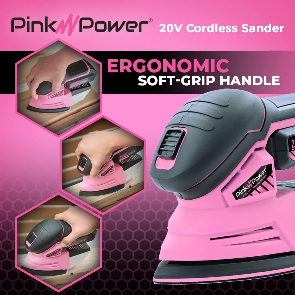 Pink Power Sander Tool – Detail Sander – Hand Sanders for Wood – 20V Palm Sander Cordless for Woodworking with Sandpaper, Li-Ion Battery & Charger