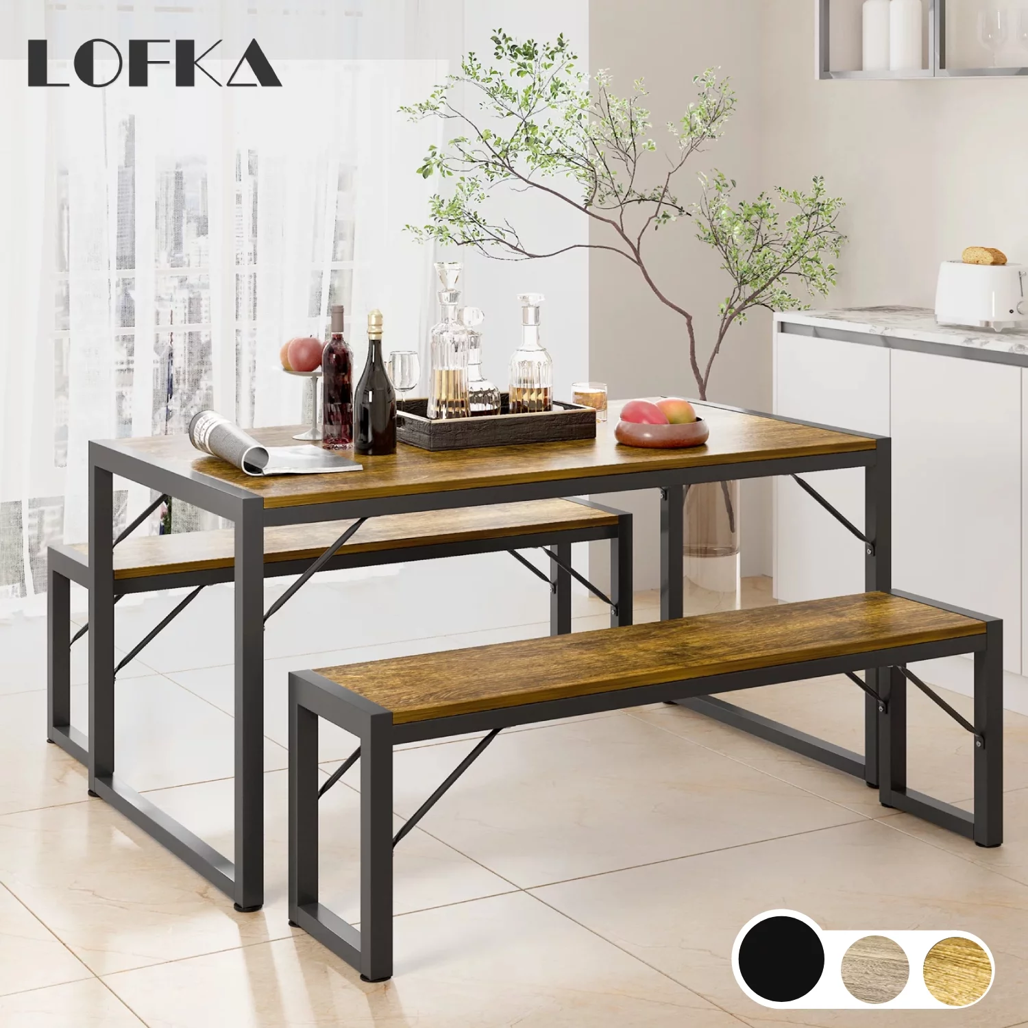 Lofka Kitchen Table and Chairs for 4 with 45.5″ Modern Dining Table Set for 4, Dinette Set Black