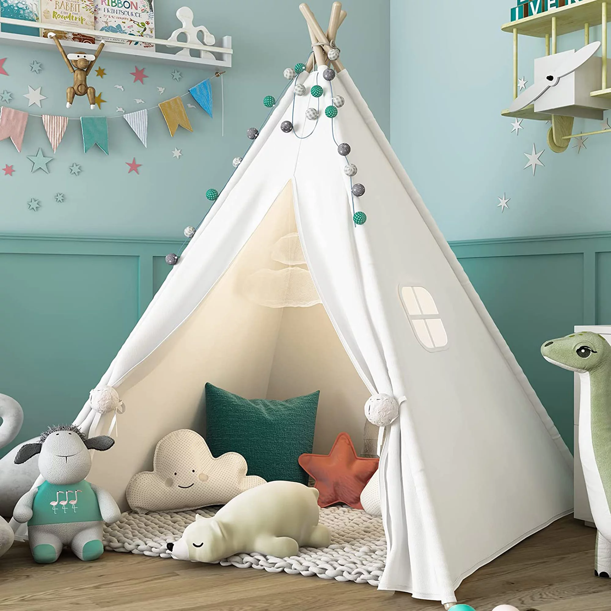 SHCKE Large Kids Teepee Tent Kids Foldable Play Tent for 3 4 5 6 Year Old Girls White Canvas Teepee Indoor Outdoor Games Kids Playhouse Kids Tent