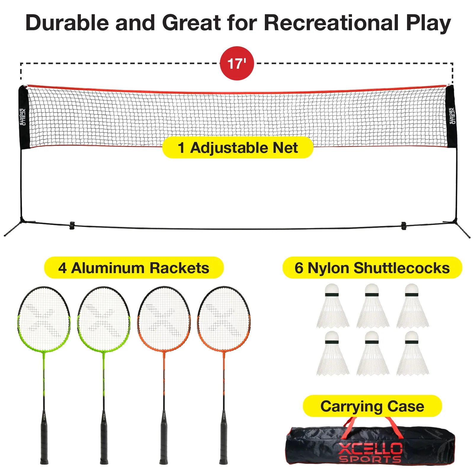 Xcello Sports Complete Badminton Set For Backyard – Includes 17-Foot Foldable Net, 4 Rackets, 6 Shuttlecocks, and Carry Bag