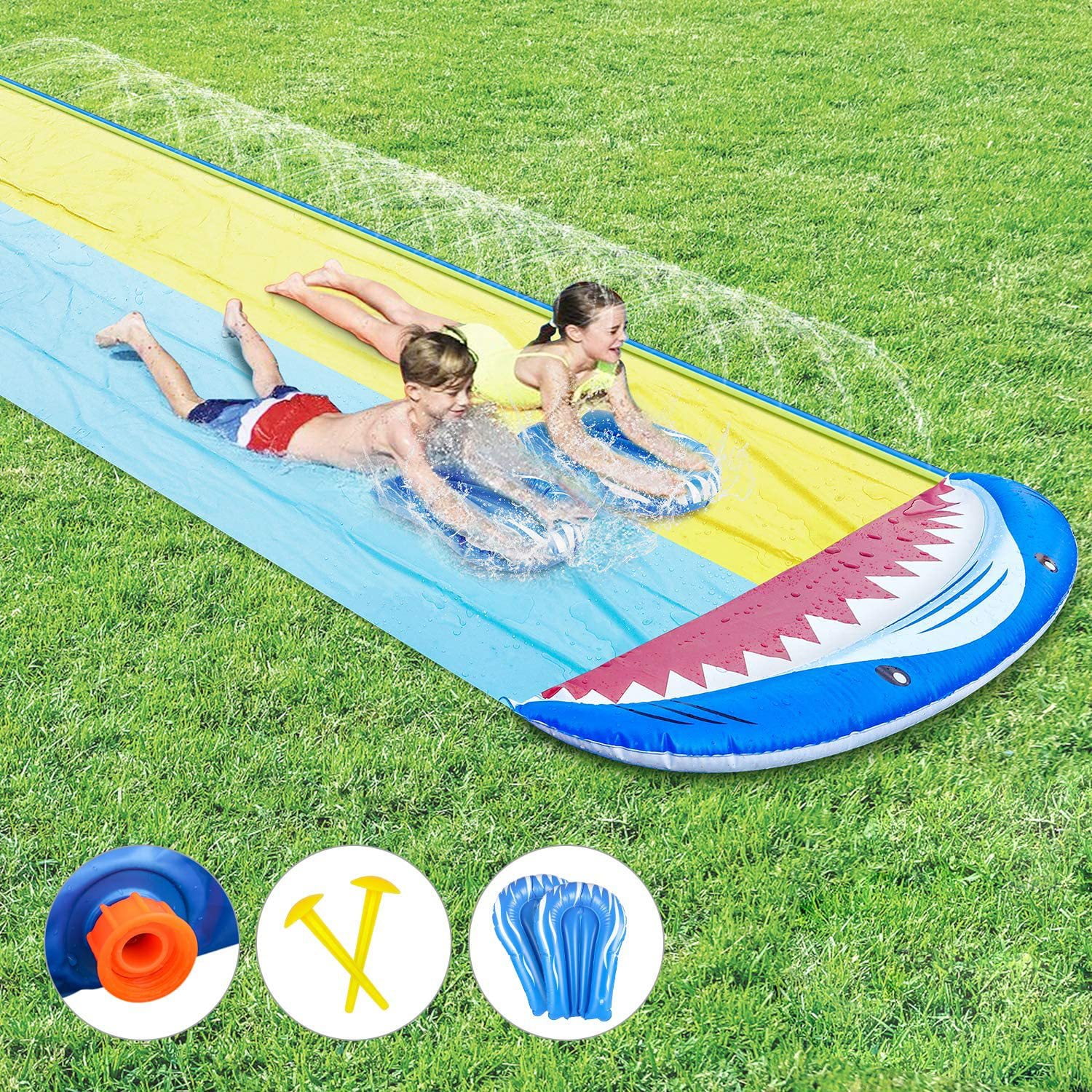 XGeek Lawn Water Slides for Kids, Water Slide with Surfboard Double Shark Water Slide with Repair Paper, Summer Outdoor Fun Toy Games for Garden Lawn and Children