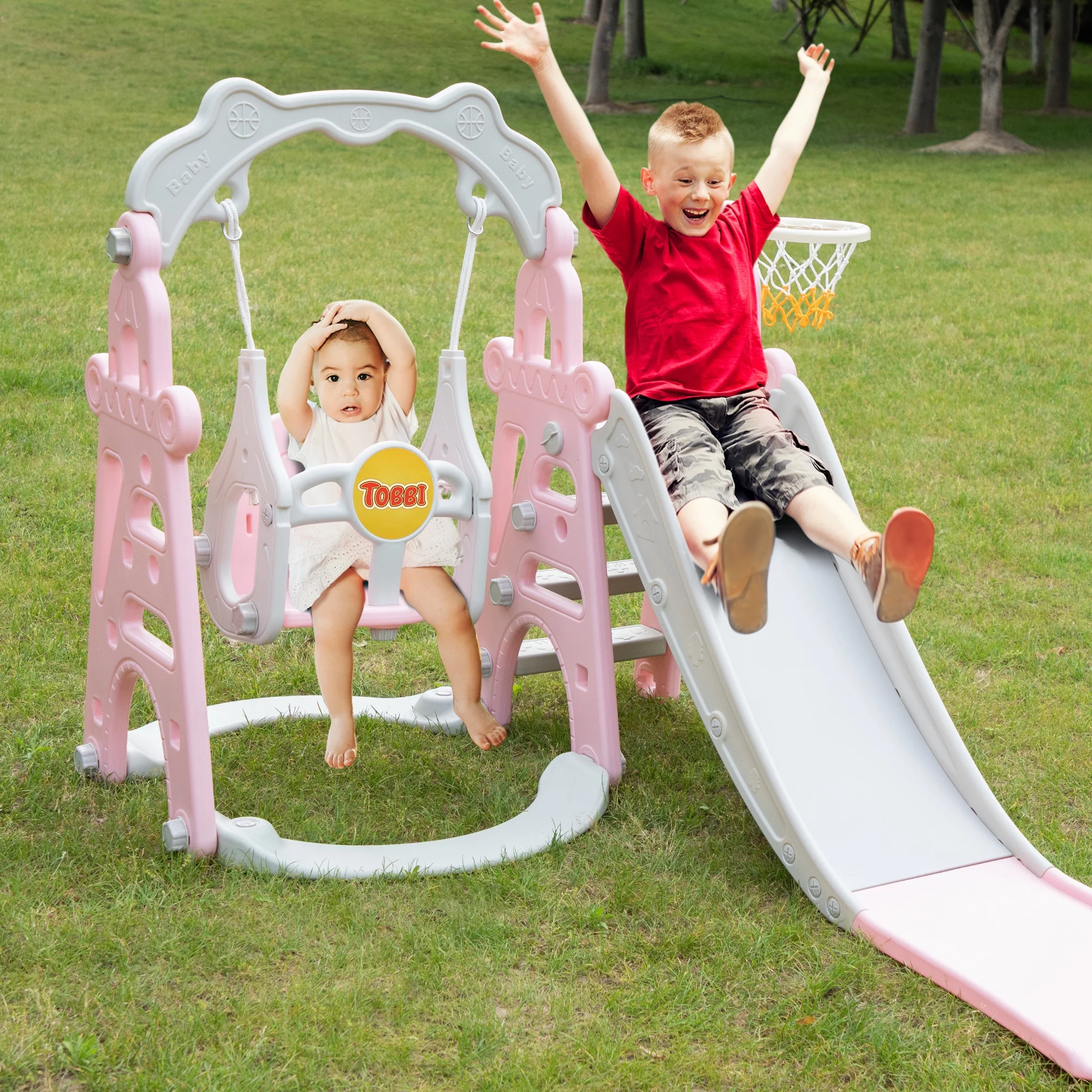 TOBBI 4 in 1 Slide and Swing Set for Toddlers, Indoor Outdoor Slide Climber Toy, Baby Playset with Basketball Hoop, Extra-Long Slide, Pink