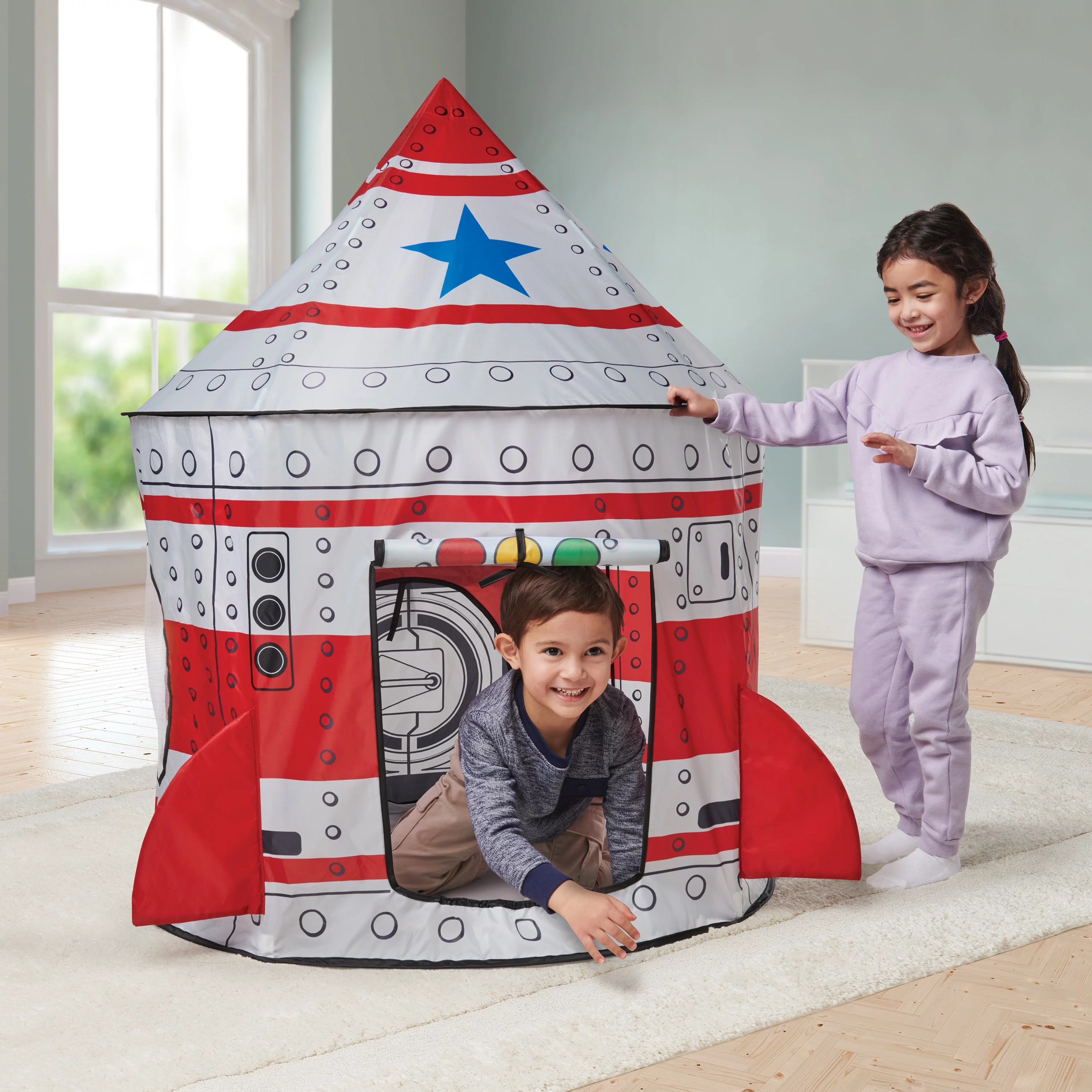 Play Day Space Rocketship Tent, Indoor Fabric Playhouse, for Young Children Ages 3+