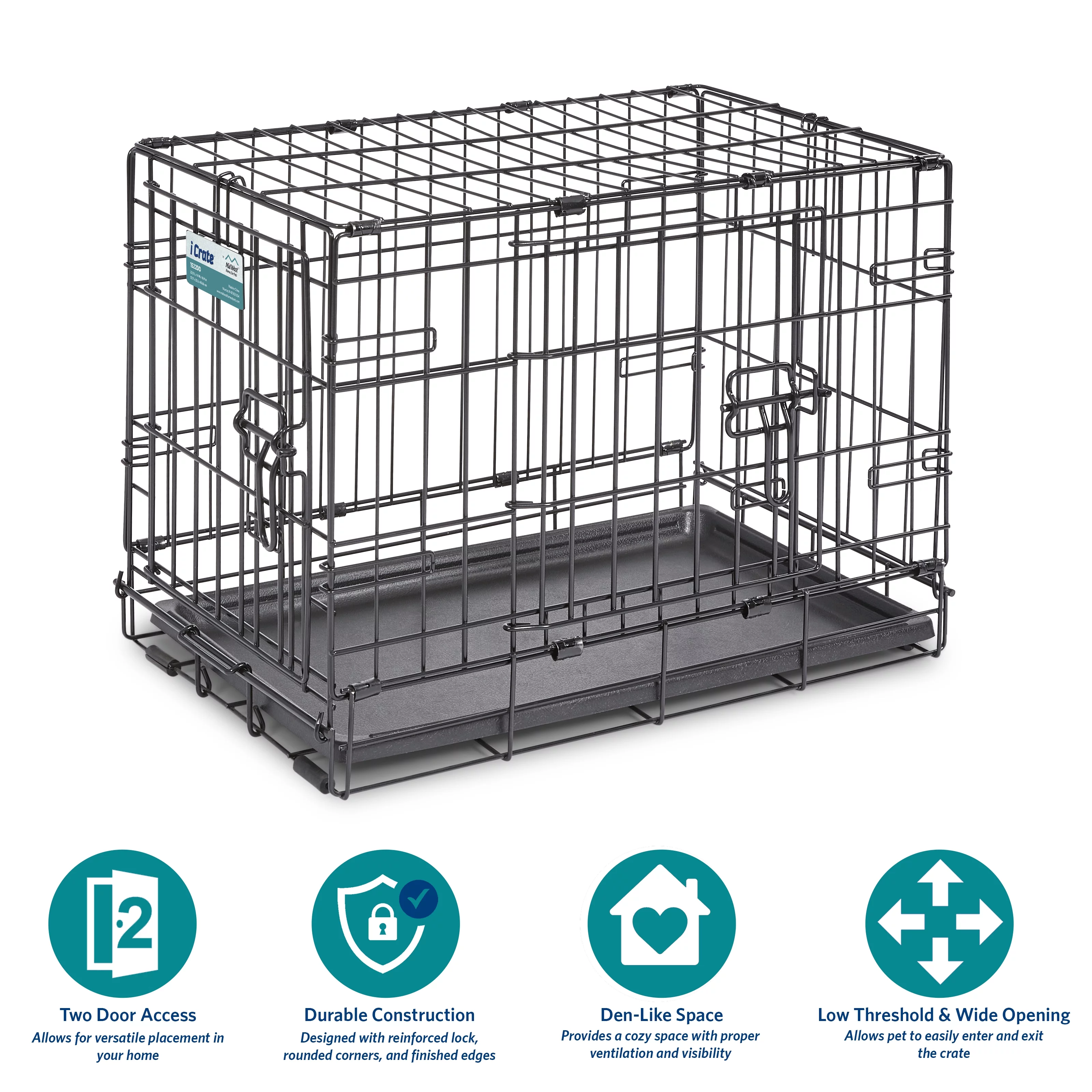 Medium Dog Crate | MidWest iCrate 30″ Double Door Folding Metal Dog Crate | Divider Panel, Floor Protecting Feet & Dog Pan | 30L x 19W x 21H Inches, Medium Dog Breed