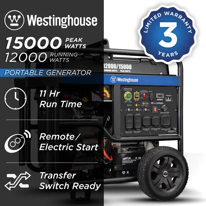 Westinghouse 15,000 Peak Watt Home Backup Portable Gas Generator with Electric Start & CO Sensor