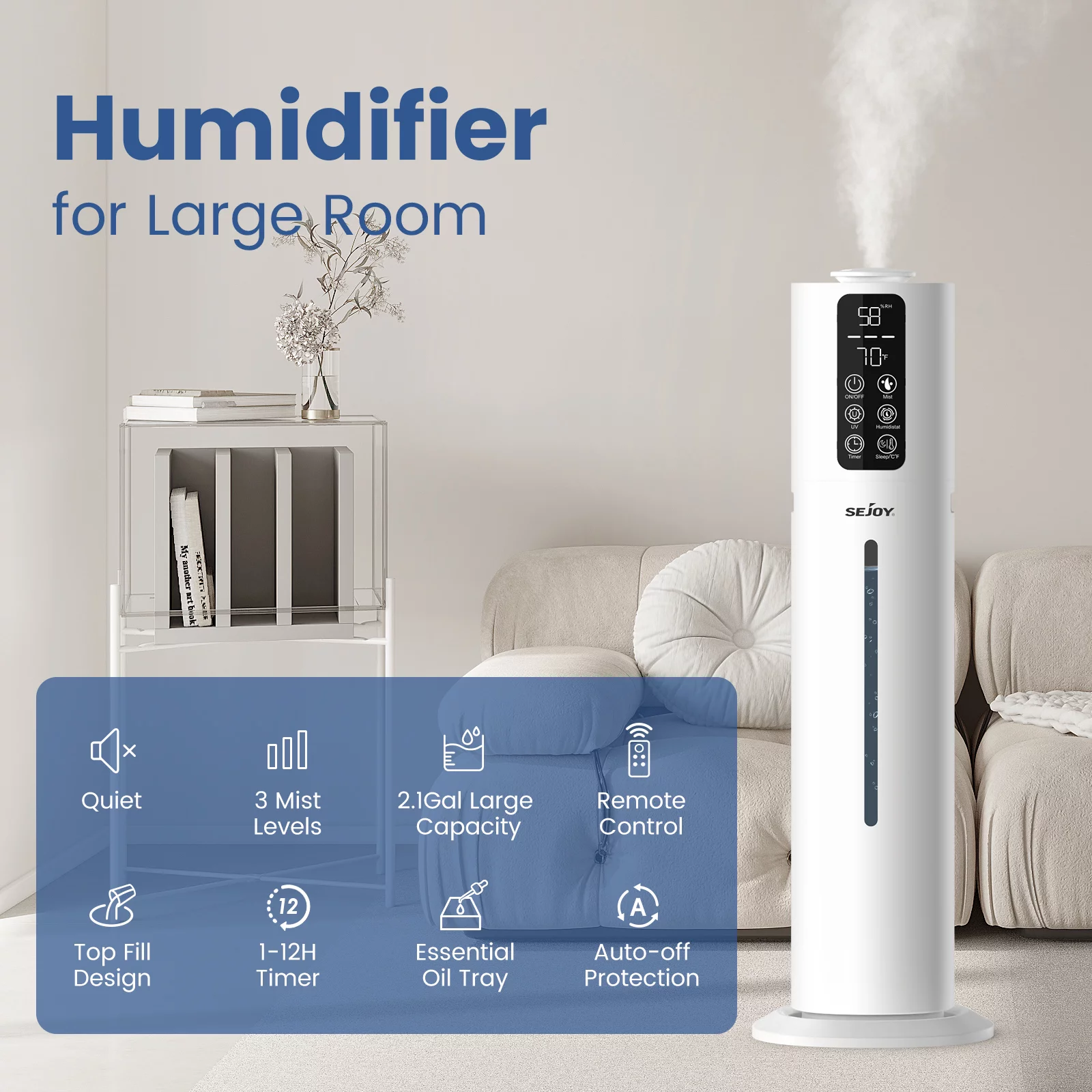 Sejoy Humidifiers for Large Rooms, 8L/2.11Gal Top Fill Ultrasonic Floor Humidifiers for Bedroom, Remote Control, Humidity Setting, Quiet, Aroma Box