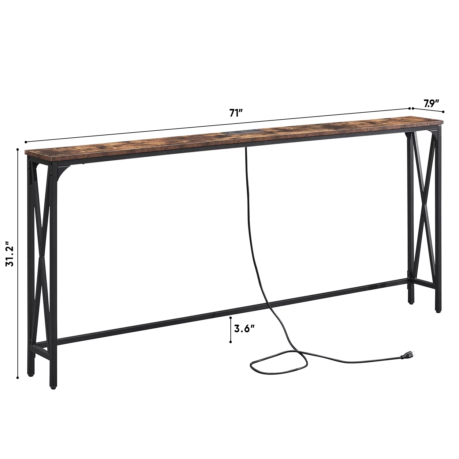 70″ Console Table Entryway Sofa Table with Power Outlets,Rustic Brown