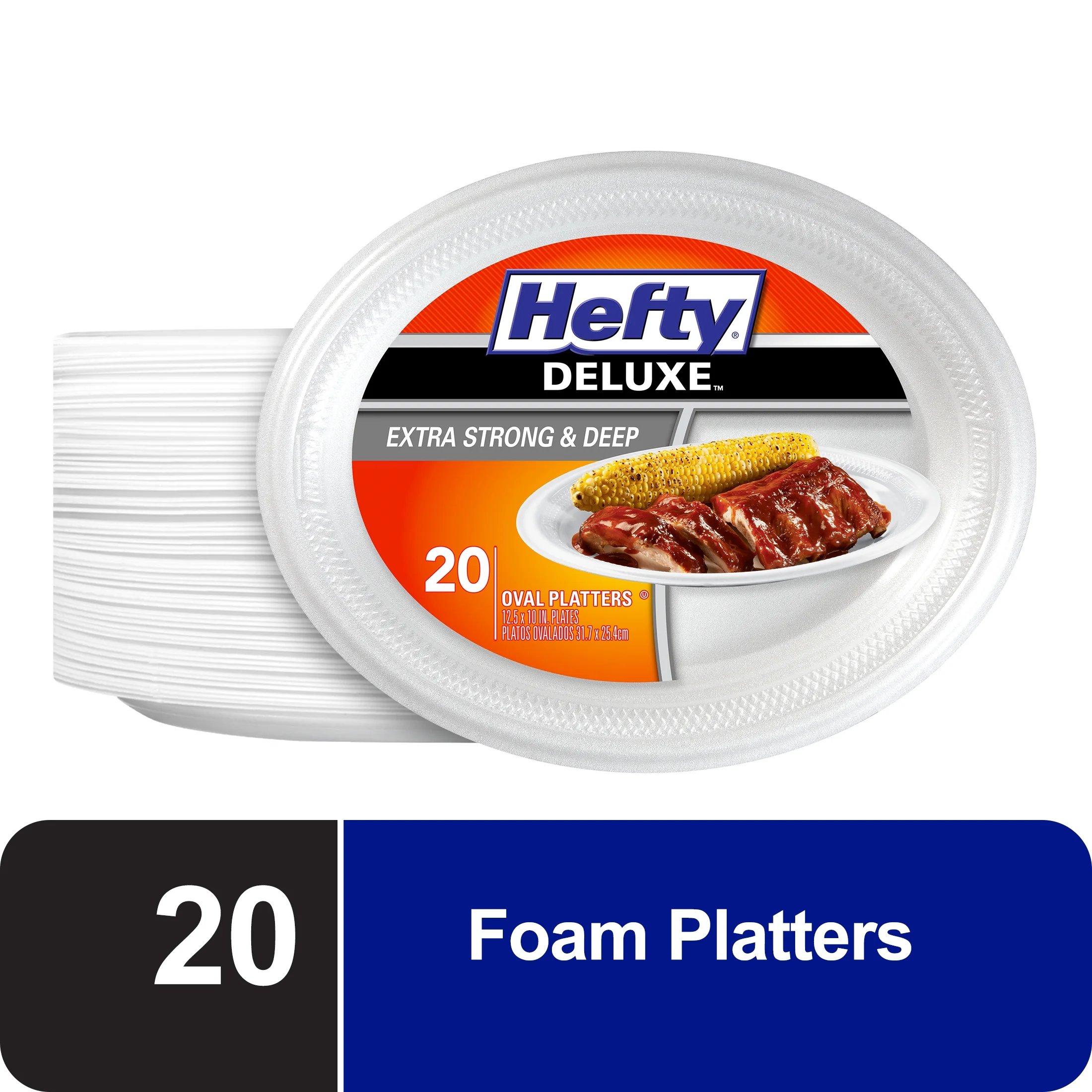 Hefty Deluxe Extra Strong & Deep Foam Platters, Oval, White, 10×12 Inch, 20 Count