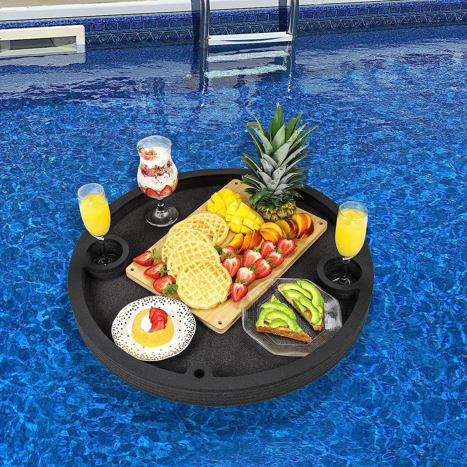 HElectQRIN Floating Breakfast Table Serving Buffet Round Tray Drink Holders for Swimming Pool or Beach Party Float Lounge Refreshment Durable Black Foam UV Resistant with Cup Holders 24 Inches Wide