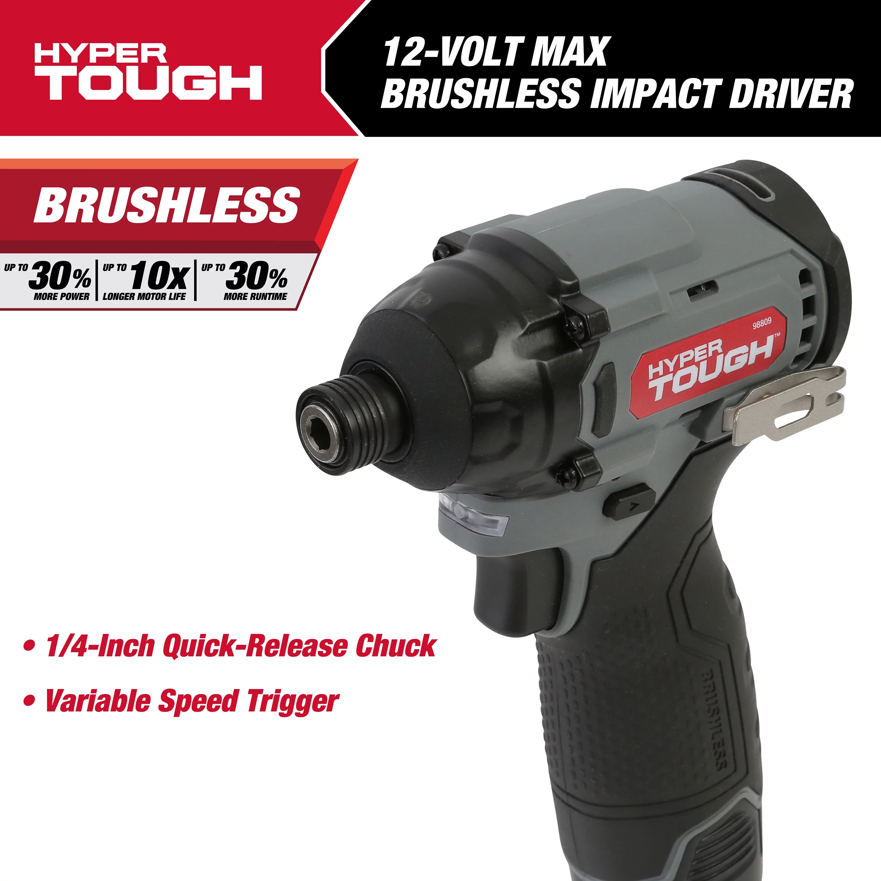 Hyper Tough 12V Max* Lithium-Ion Cordless Brushless Impact Driver with 1.5Ah Battery and Charger, Model 98809