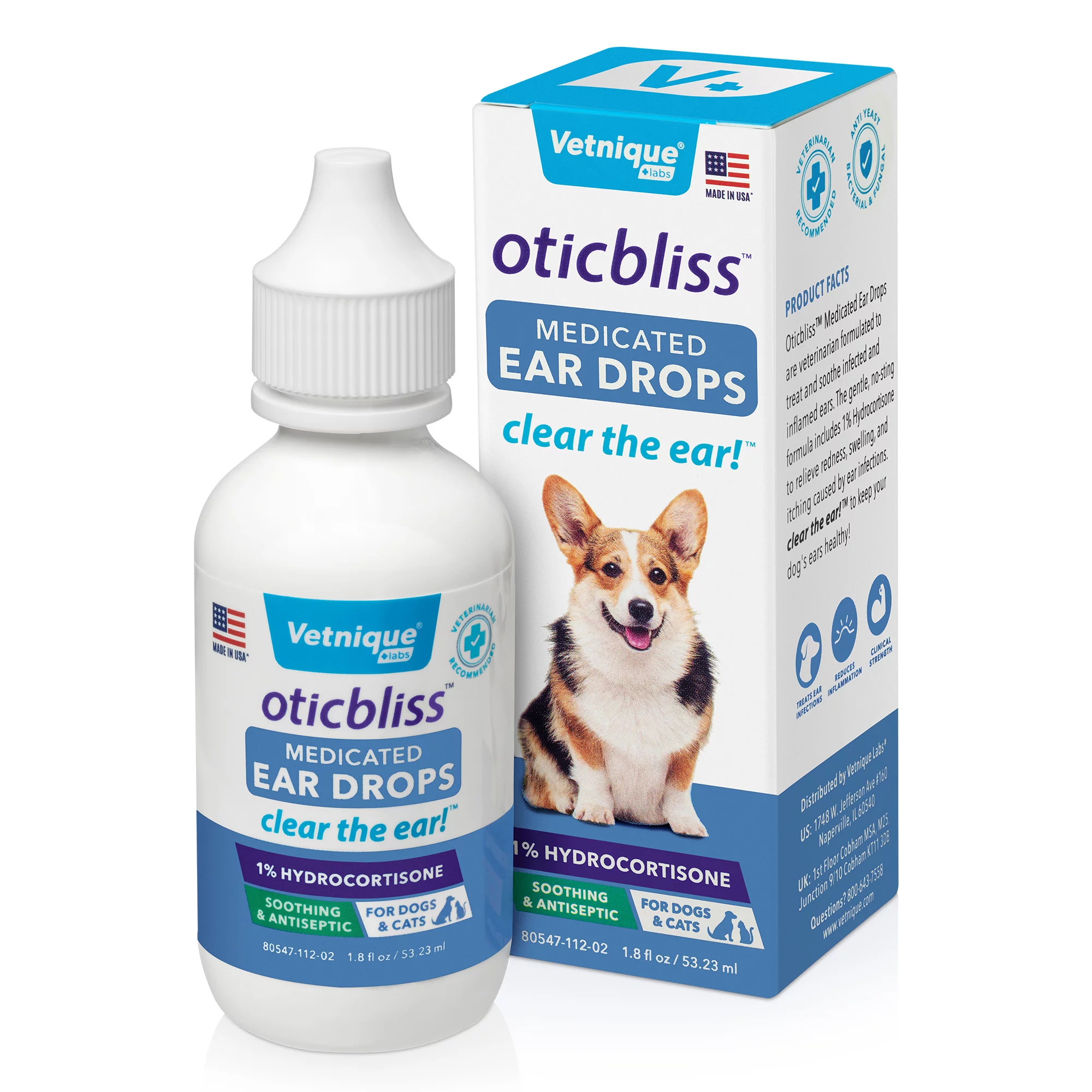 Vetnique Labs Oticbliss Medicated Ear Drops for Dogs & Cats with Hydrocortisone, Clear the Ear! 1.8 fl oz