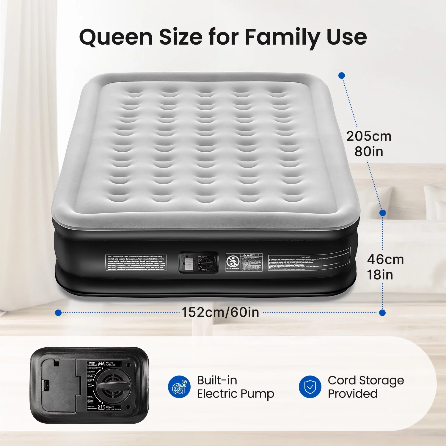 Airefina Queen Air Mattress with Built-in Electric Pump, Self-Inflation/Deflation in 3 Mins