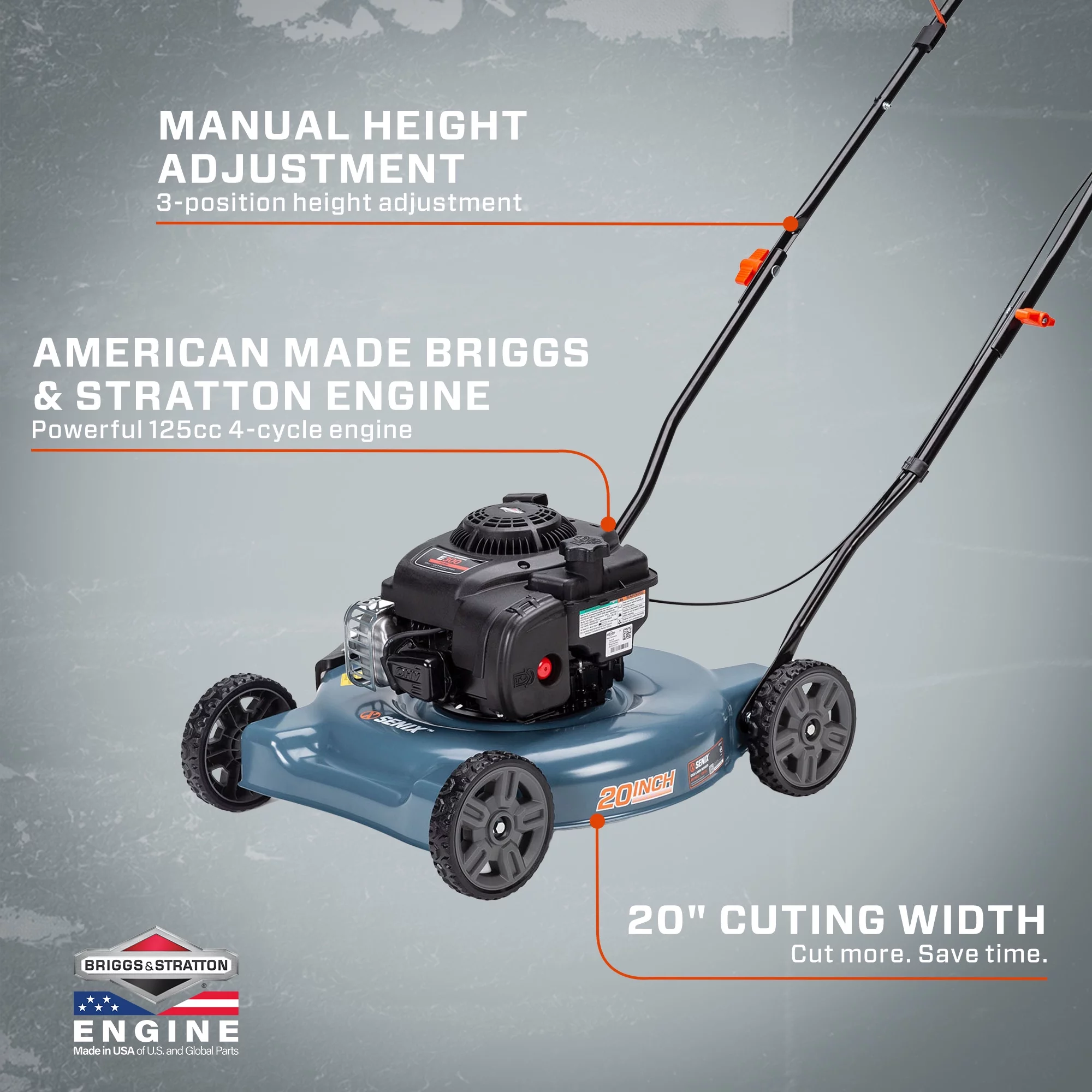 SENIX Gas Lawn Mower, 20-Inch, 125 cc 4-Cycle Briggs & Stratton Engine, Push Lawnmower with Side Discharge, 3-Position Height Adjustment, LSPG-L2, Blue