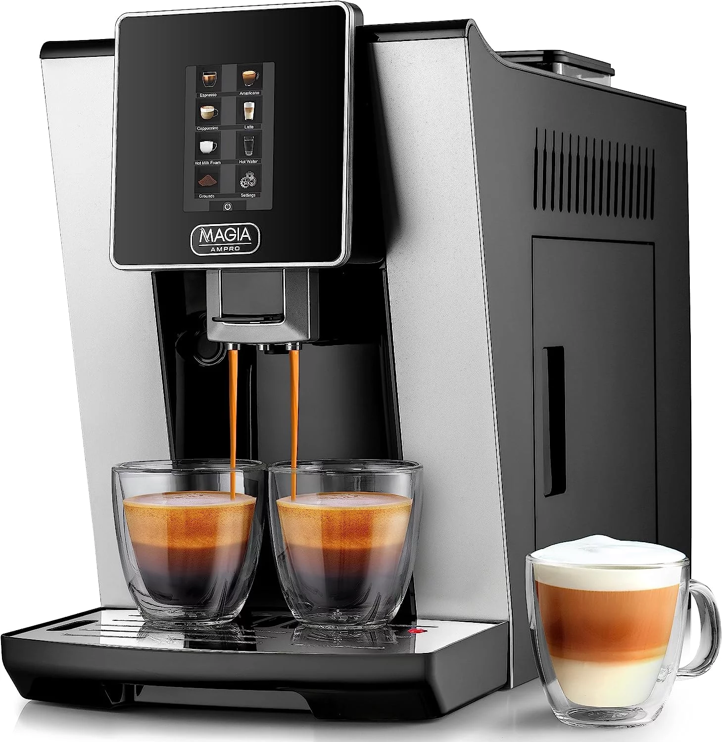 AMPRO Automatic Espresso Machine with Grinder, Super Automatic Coffee Machine and Milk Frother – Black Silver