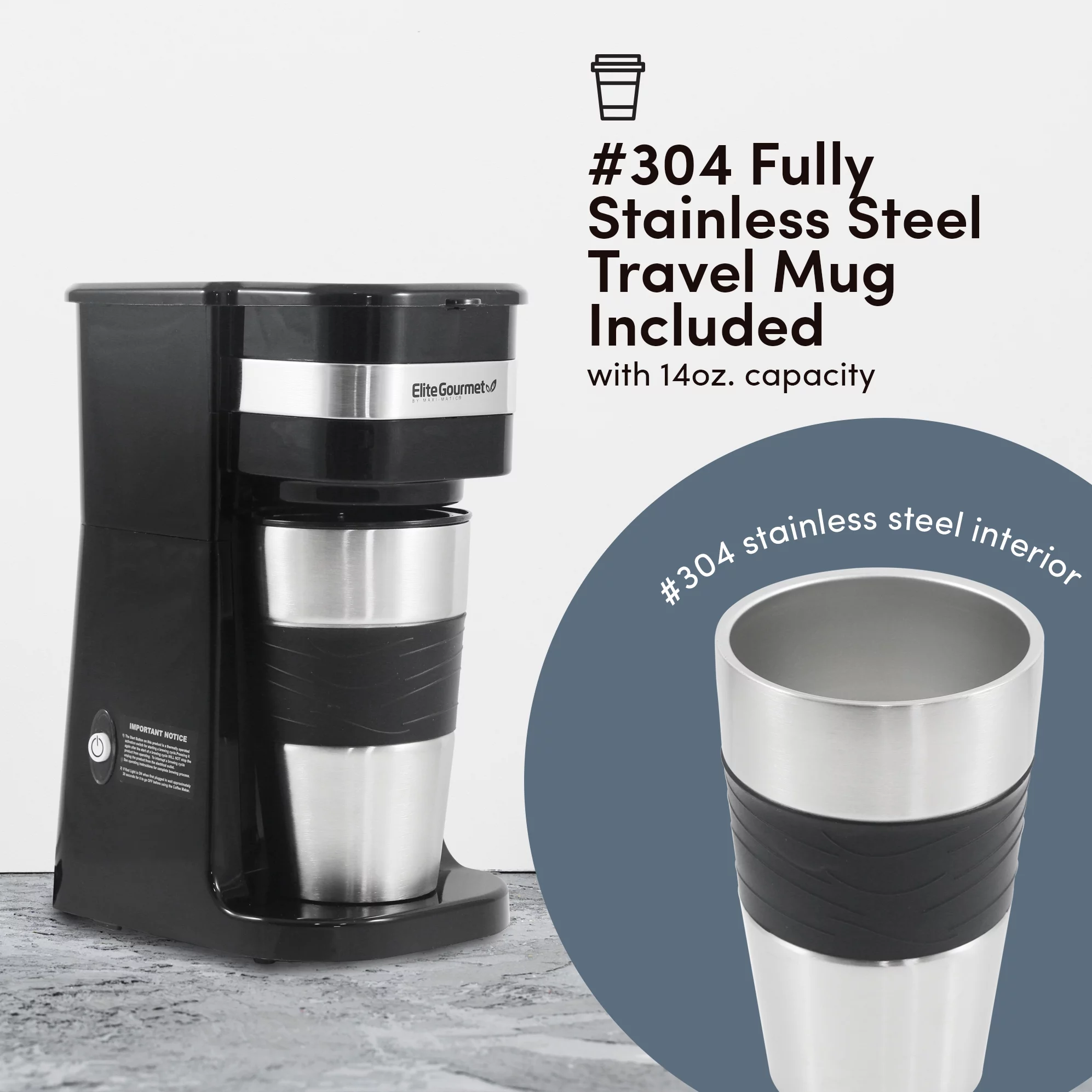 Elite Gourmet Single Serve Personal Coffee Maker with Stainless Steel Travel Mug