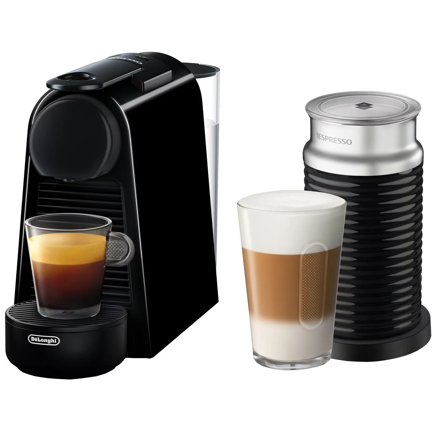 Nespresso by De’Longhi Essenza Mini Single-Serve Espresso Machine in Piano Black and Aeroccino Milk Frother in Black