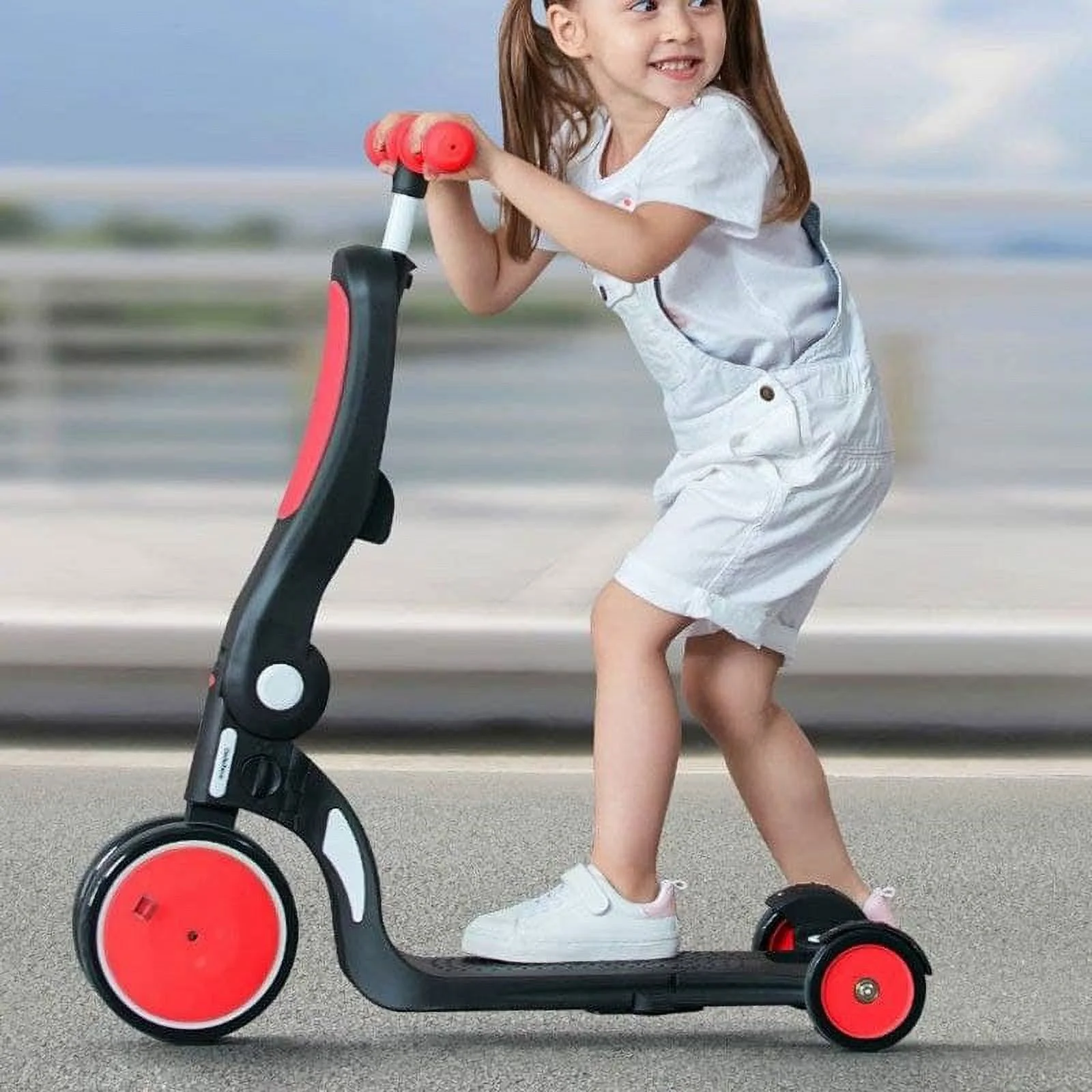 MIIANOO 5 in 1 Tri-Scoot Scooter for Kids, Foldable Seat Tricycle – Red  FREE Helmet, Knee and Elbow Pads