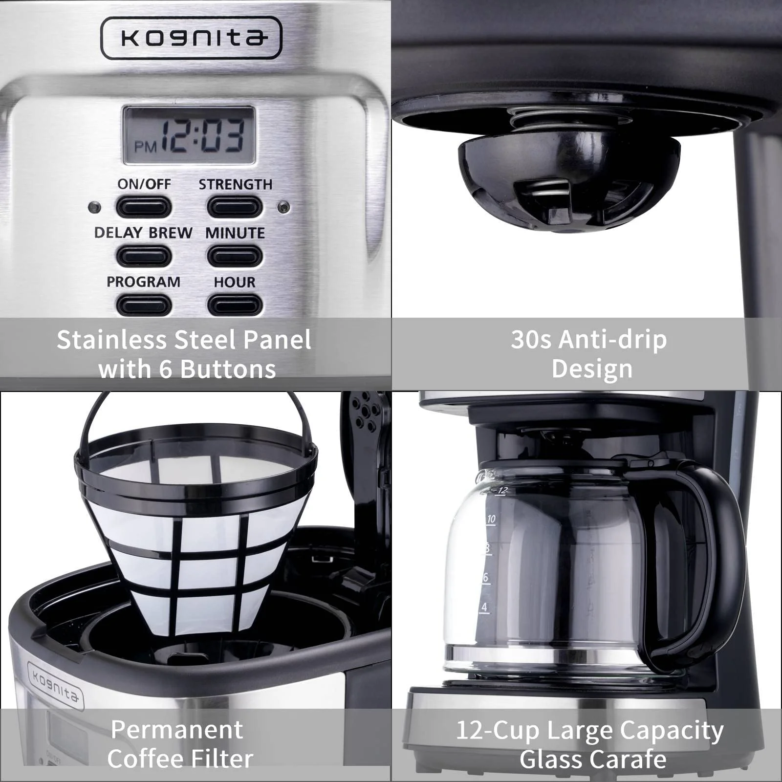 Kognita 12 Cup Programmable Coffee Maker& Ice Tea Maker with Glass Carafe,900W Quick Brew,Black and Silver