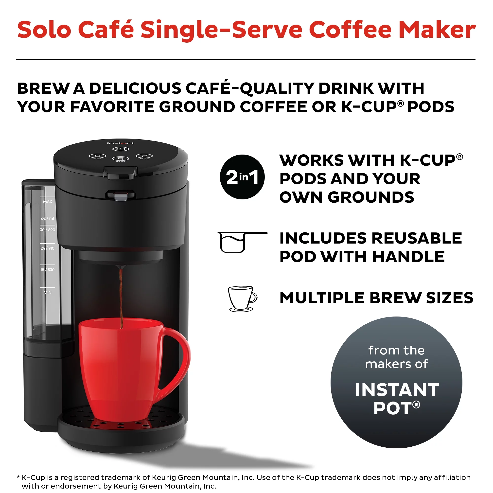 Instant Solo Caf?? 2-in-1 Single Serve Coffee Maker for K-Cup Pods and Ground Coffee, Black