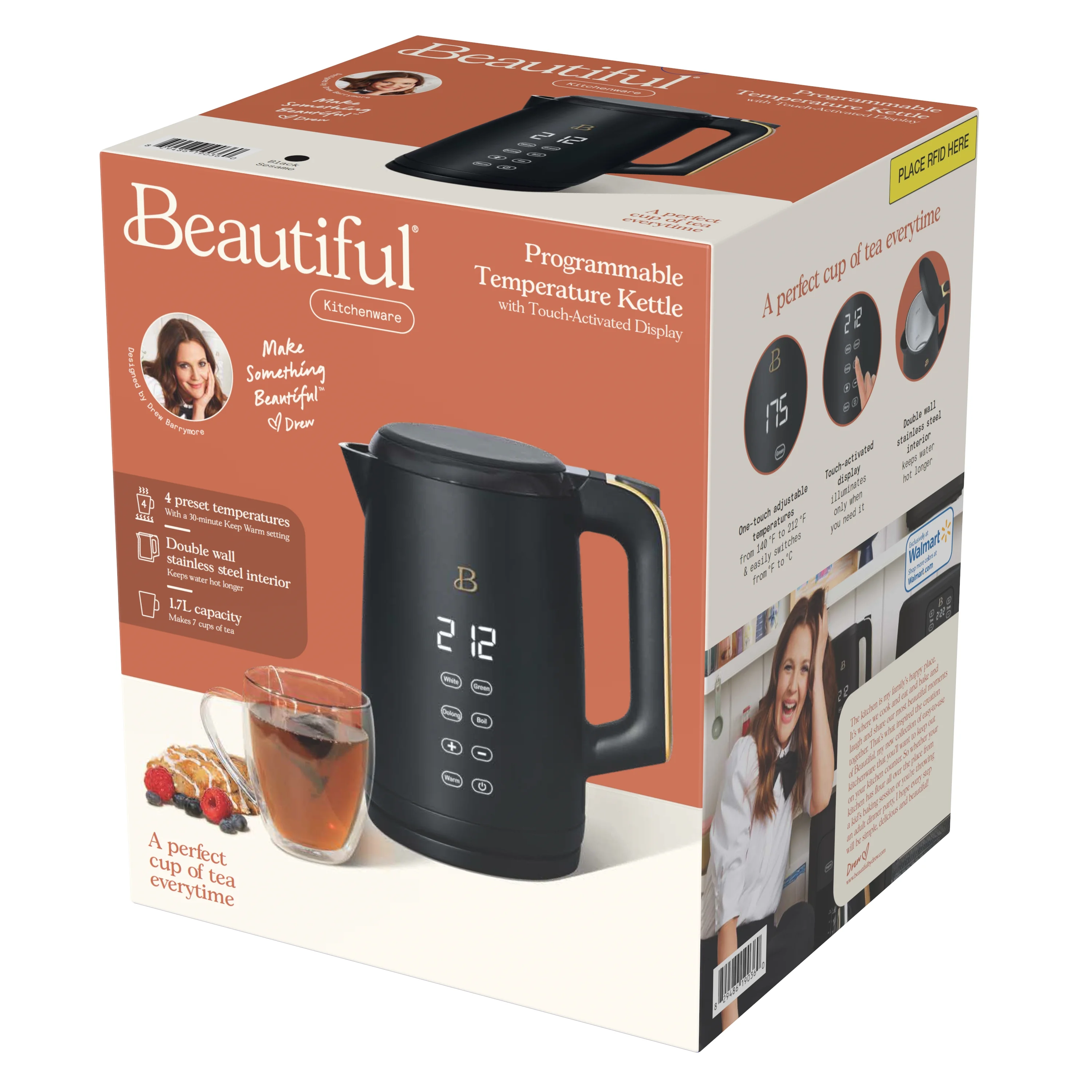 Beautiful 1.7-Liter Electric Kettle 1500 W with One-Touch Activation, Porcini Taupe by Drew Barrymore