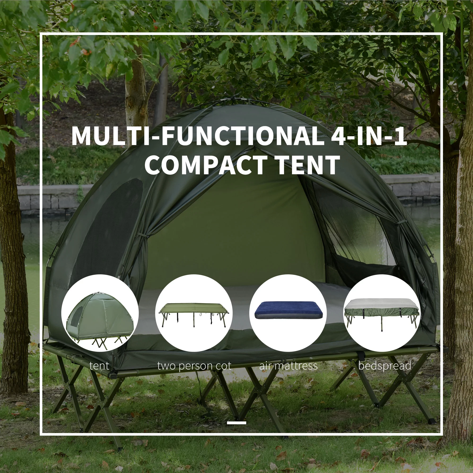 Outsunny 2 Person Foldable Camping Cot with Tent, Bedspread, Air Mattress