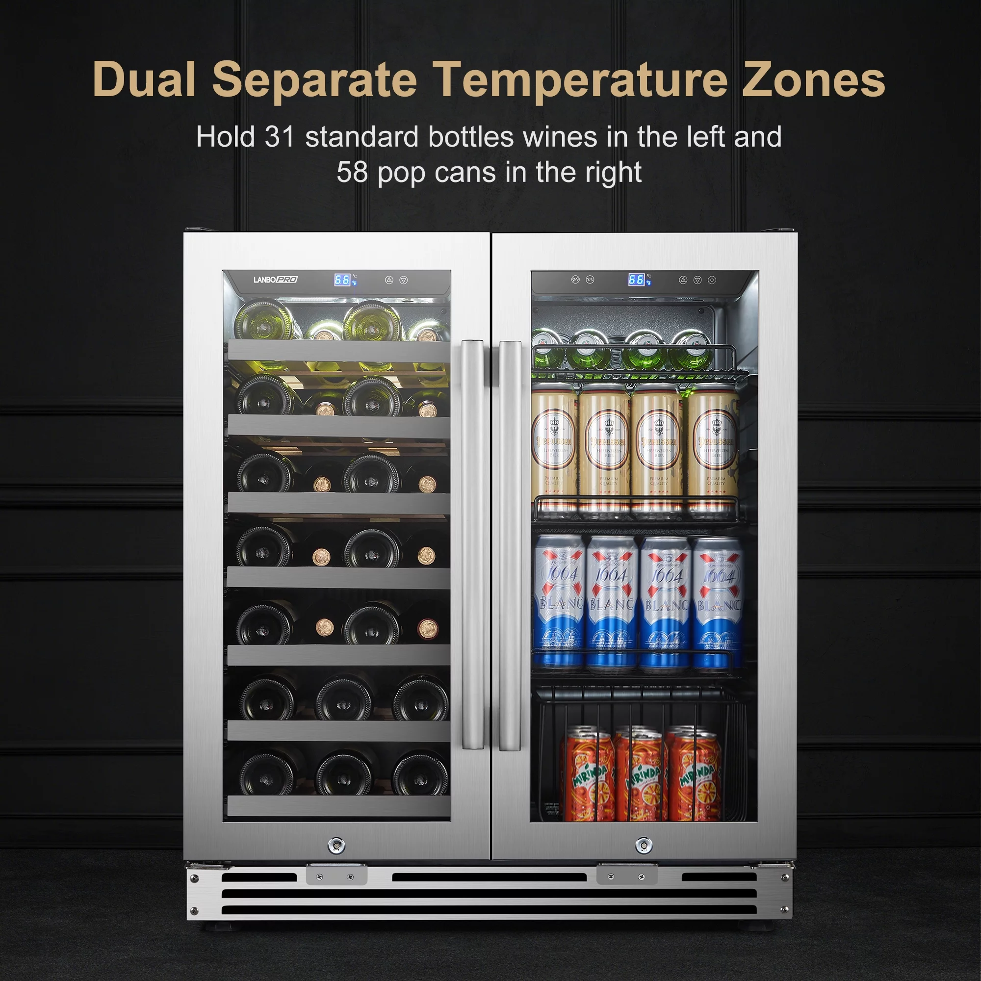 Lanbopro 31 Bottles 58 Cans Dual Zone Wine Cooler Beverage Refrigerator