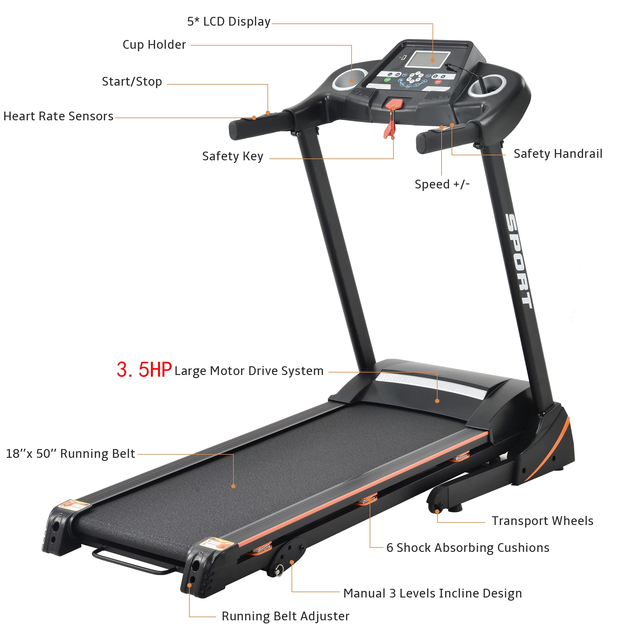 JT 3.5HP Folding Electric Treadmill With Incline Medium Running Machine ,330lb Folding Treadmill Electric Motorized Power 14.8KM/H ,Grade III adjustable