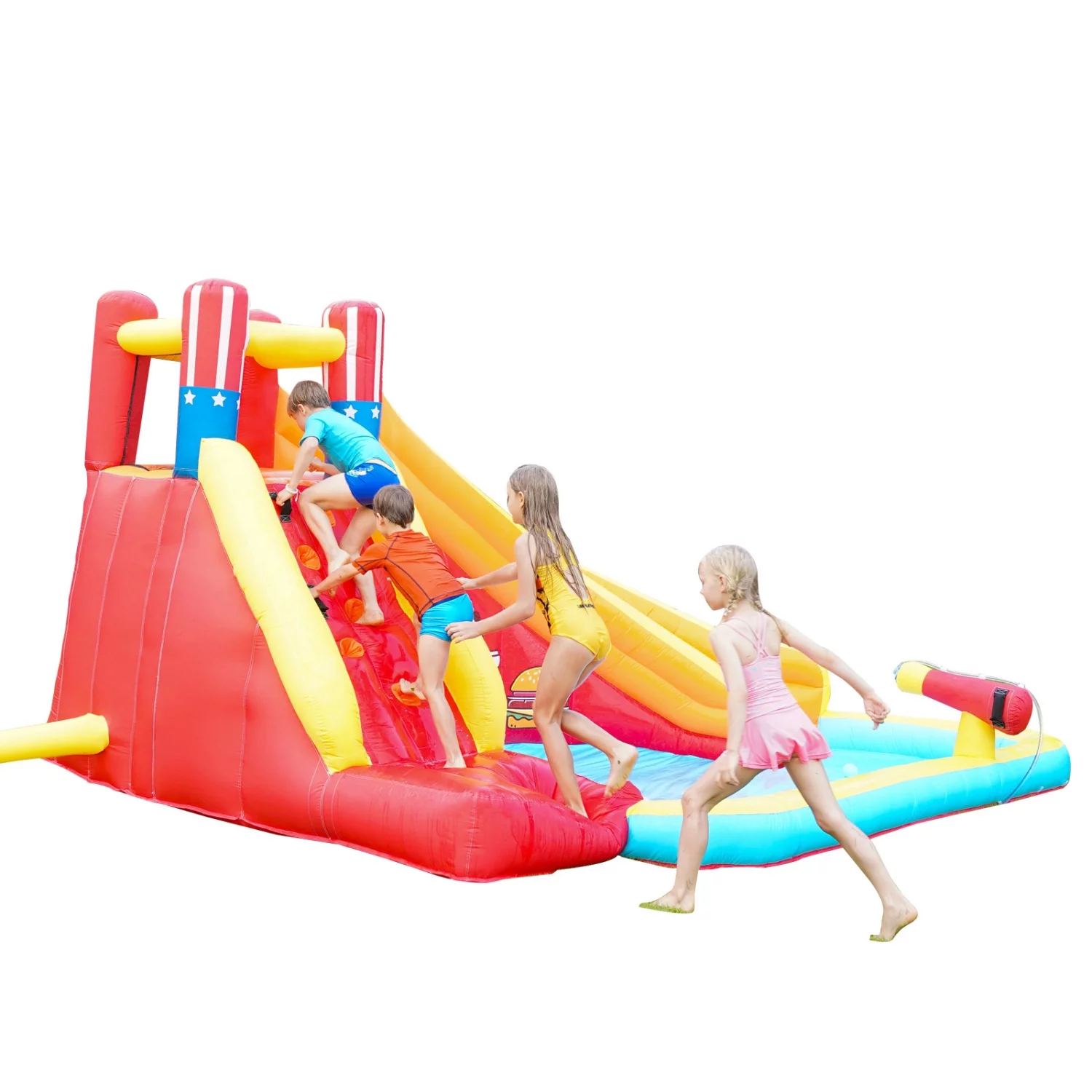 Inflatable Outdoor Backyard Water Slide Splash Toy with Climbing Wall, Splash Pool, Water Cannon, Heavy Duty Blower, Water Sprinkler, Stakes, Repair Patches, Storage Bag for Outdoor Summer Fun