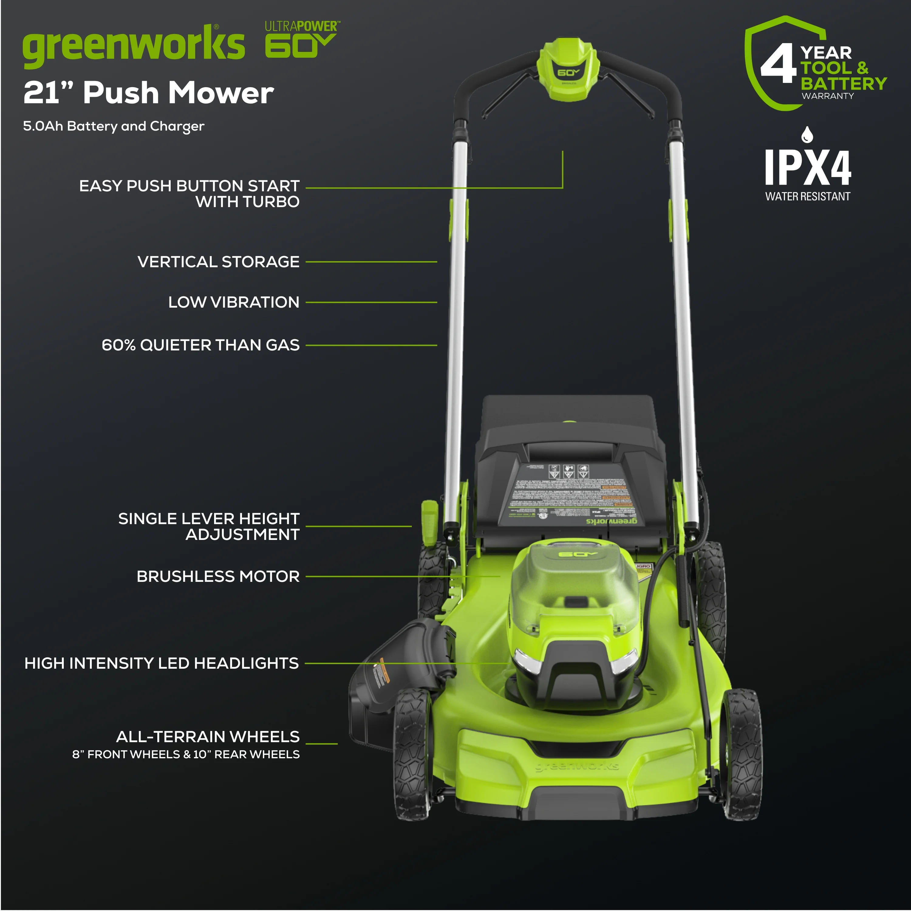 Greenworks 60V 21″ Push Lawn Mower with 5.0 Ah Battery & Charger 2546502