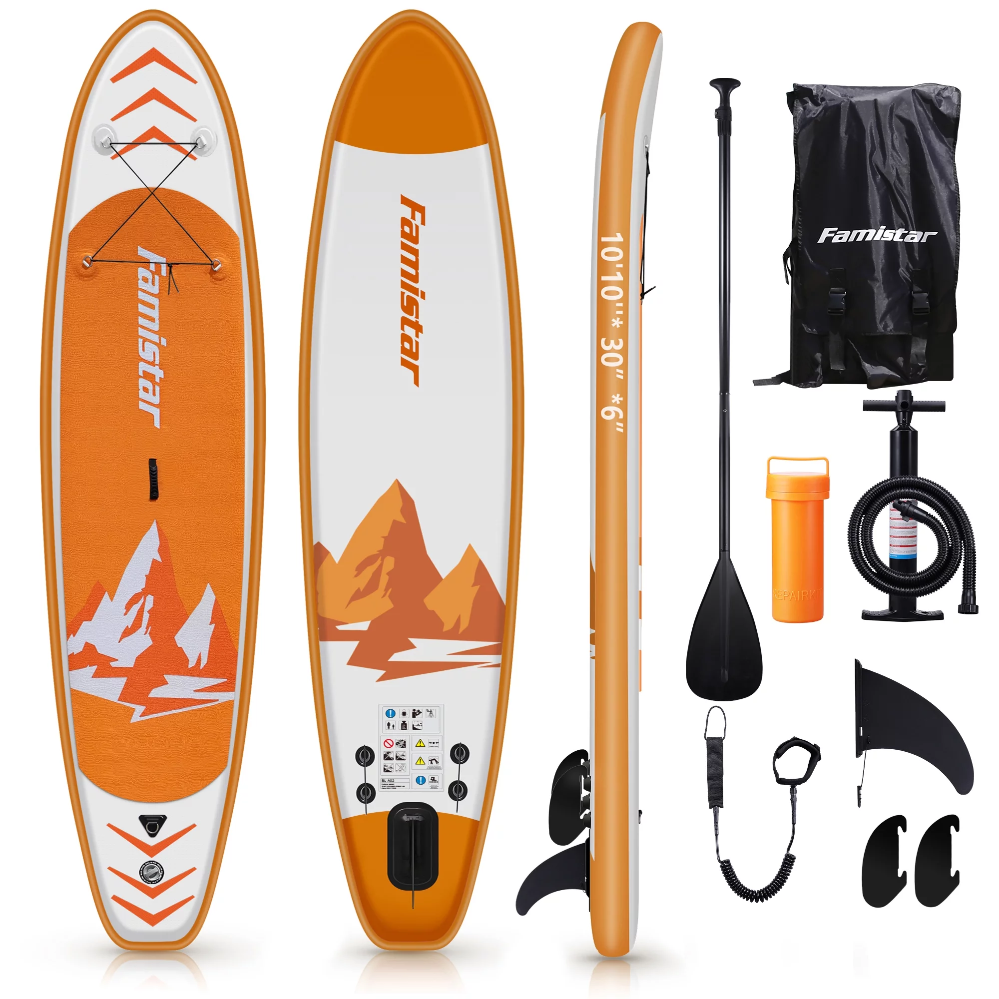 Famistar 10’10” Inflatable Stand Up Paddle Board SUP w/ 3 Fins, Adjustable Paddle, Pump & Carrying Backpack