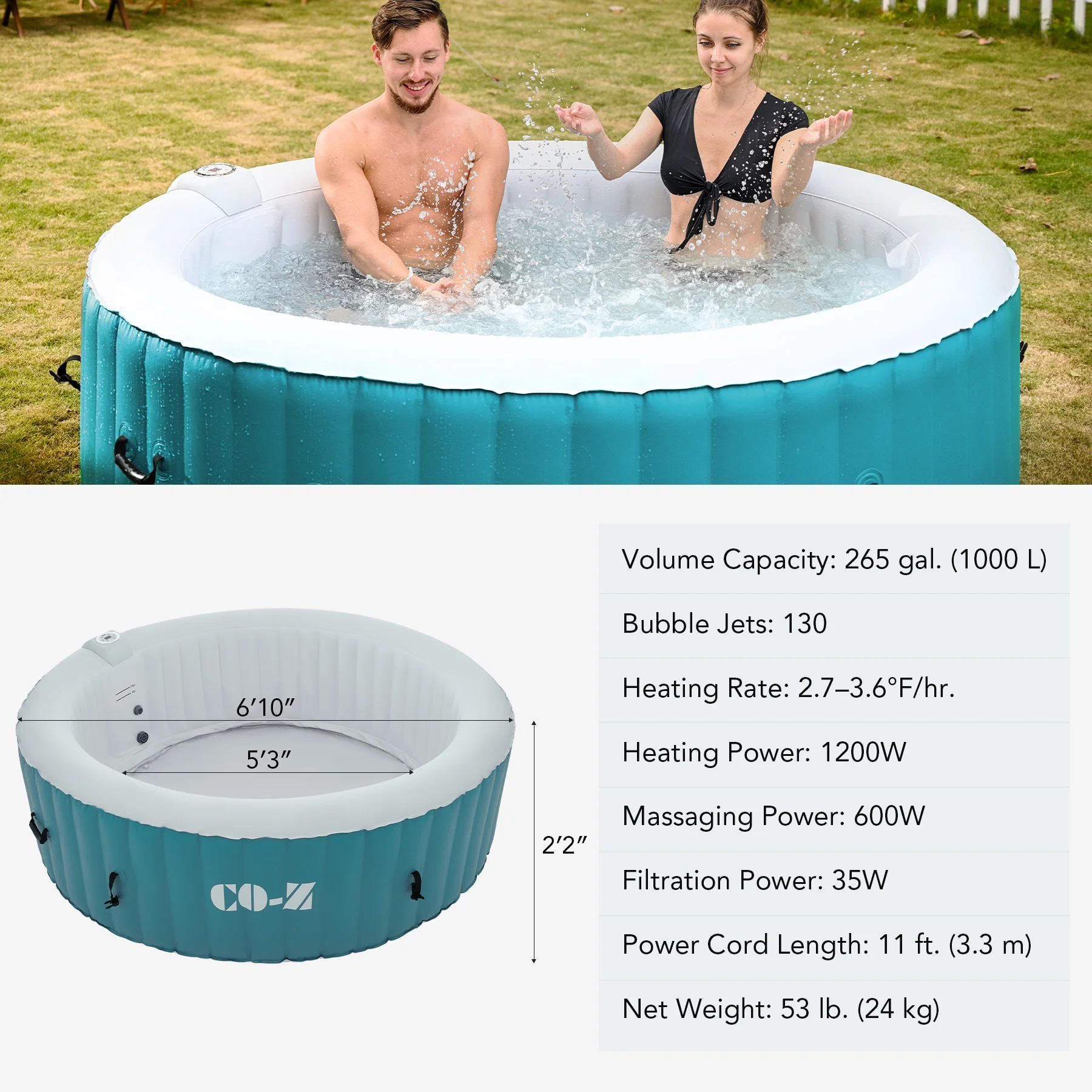 CO-Z 7′ Inflatable Hot Tub Portable 4-6 Person Round Spa Tub for Patio Backyard Black