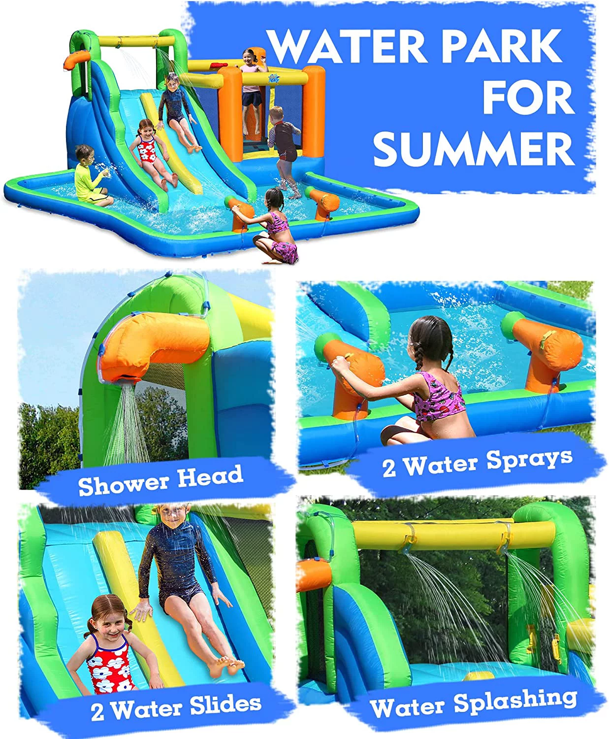 Action Air Water Slide, 7-in-1 Inflatable Bouncer Combo with Large Pool, Bounceing Area Double Slide