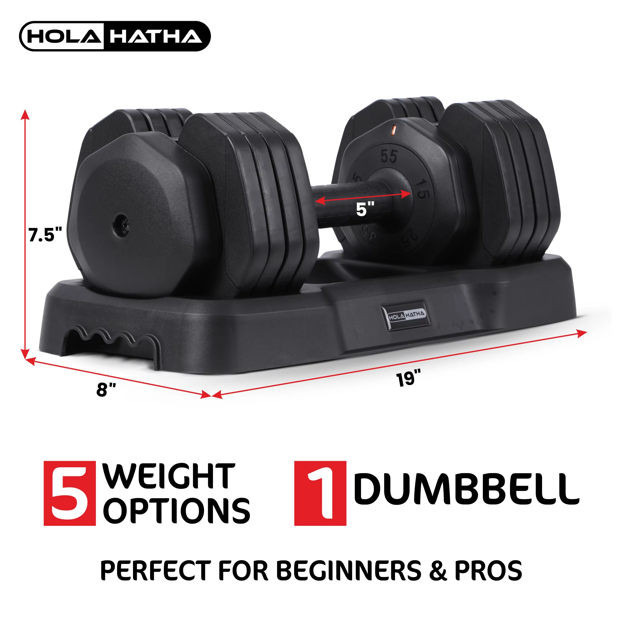 HolaHatha 5-in-1 Adjustable Dumbbell Home Gym Workout Equipment, Single