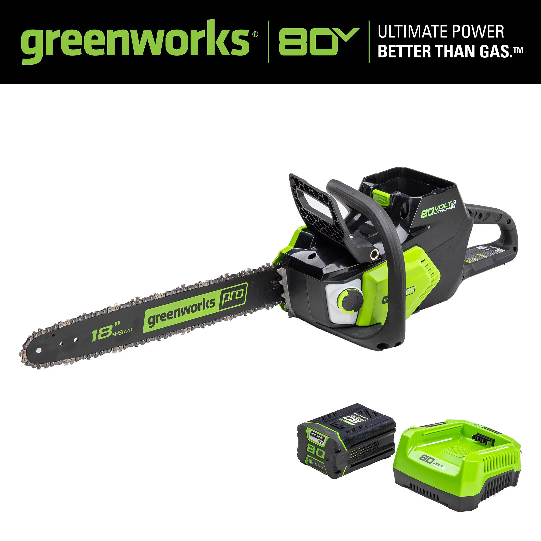 Discontinued – Greenworks 80V 18-inch Cordless Brushless Chainsaw Kit with 2.0 Ah Battery & Charger, 2004602