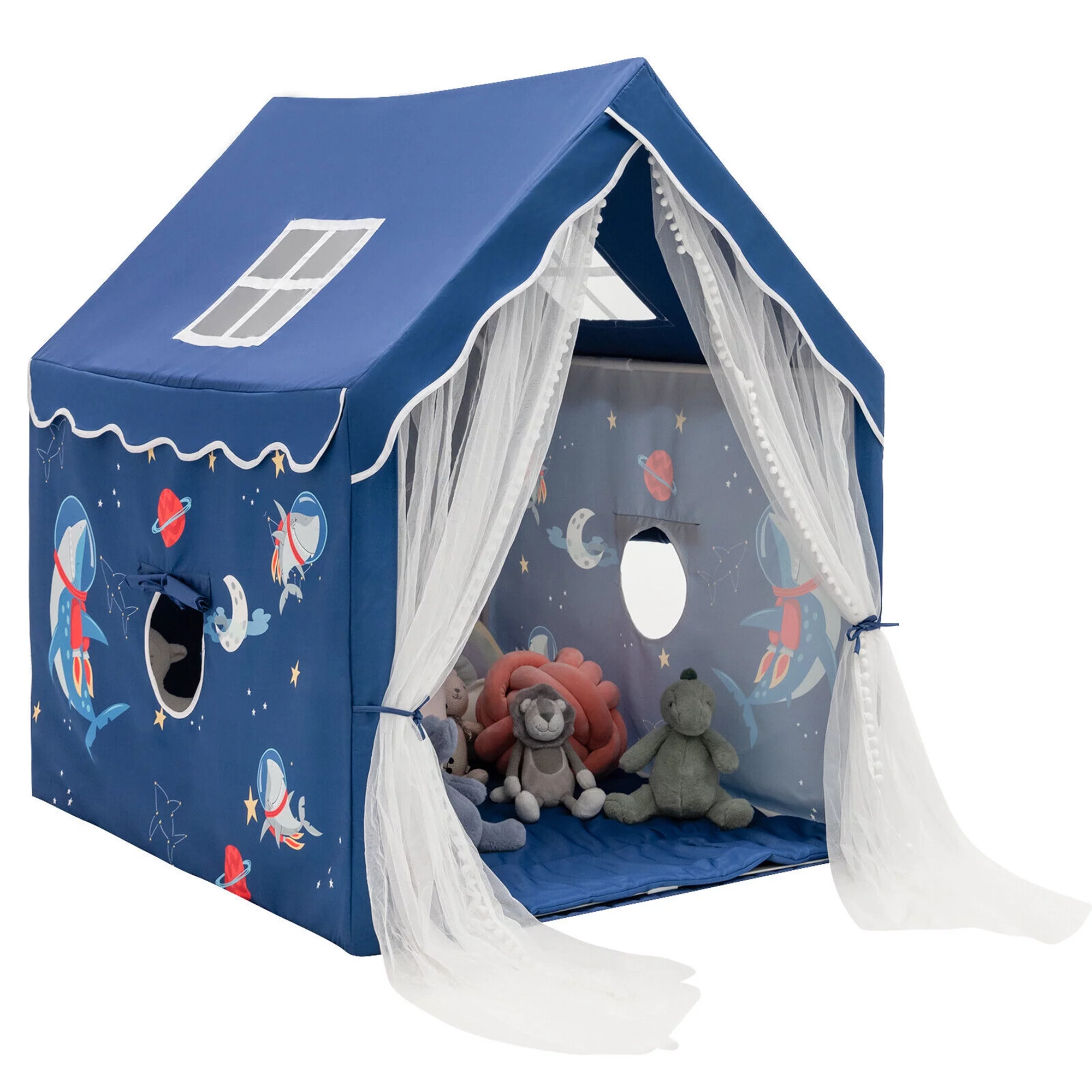 Gymax Kids Playhouse Large Children Indoor Play Tent Gift w/ Cotton Mat Longer Curtain Blue