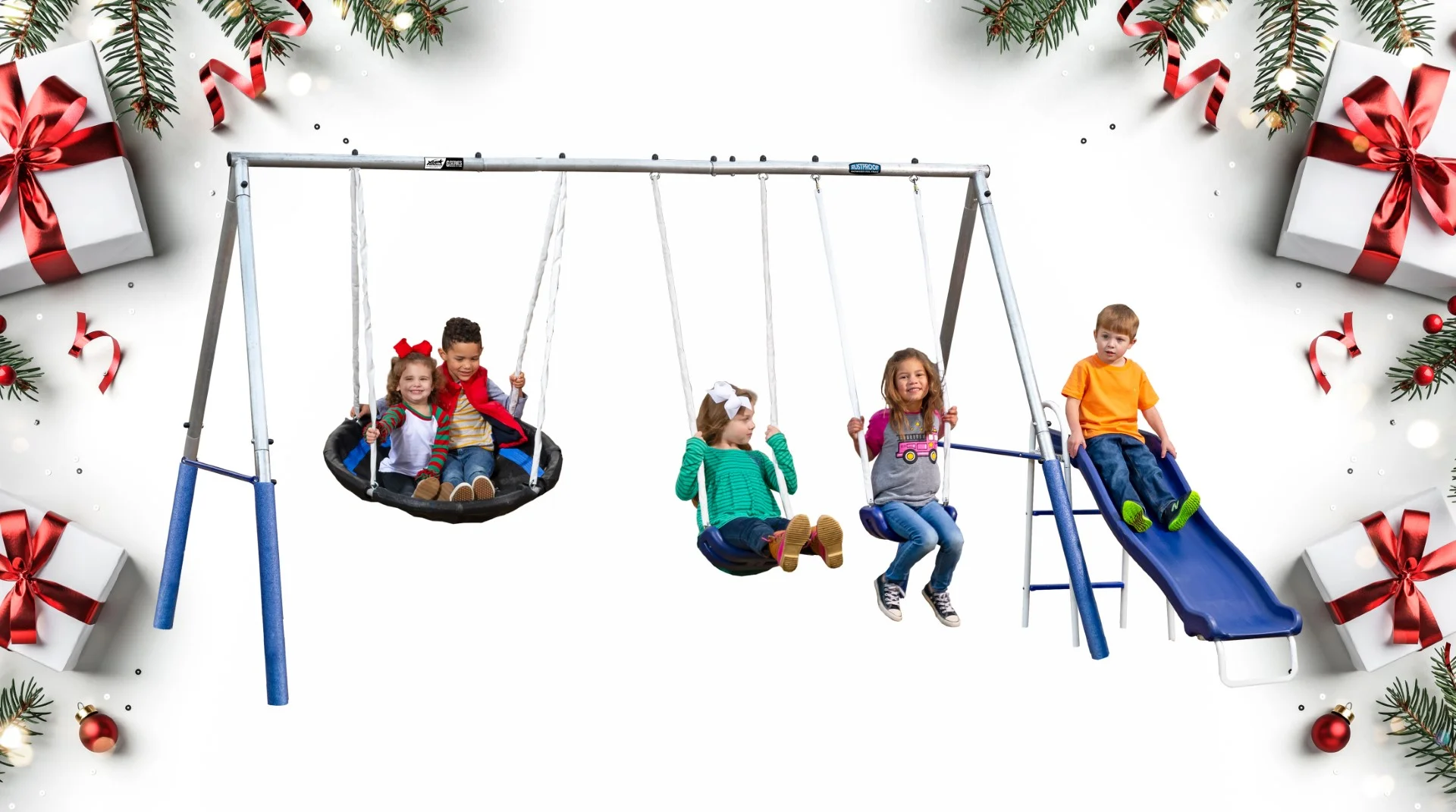 XDP Recreation Firefly Steel Swing Set with Swing Seats, Super Disc Saucer Swing, & Wave Slide