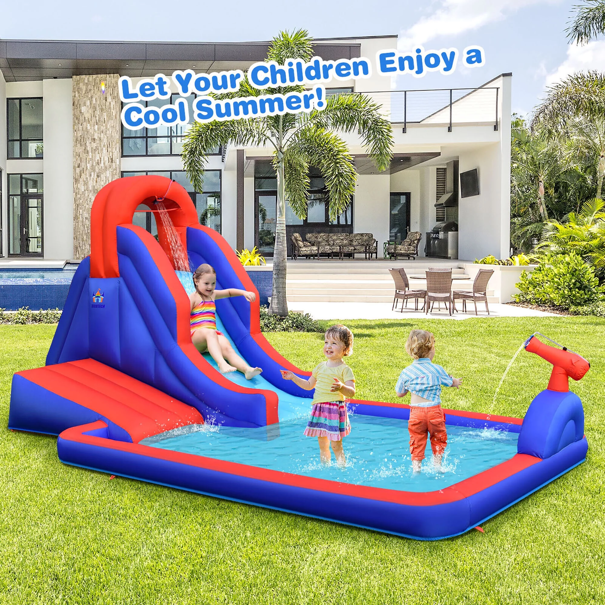 Gymax Inflatable Water Slide Park w/ Climb Slide Pool & 2 Swim Rings Blower Excluded