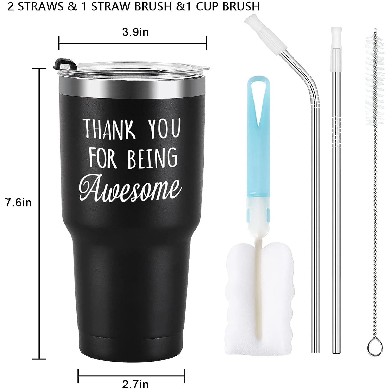 Modwnfy Thank You Gifts for Men, Thank You for Being Awesome Stainless Steel Insulated Tumblers Gifts, Black 30 fl oz Stainless Steel Tumblers with Lid and Straw Tea Cups