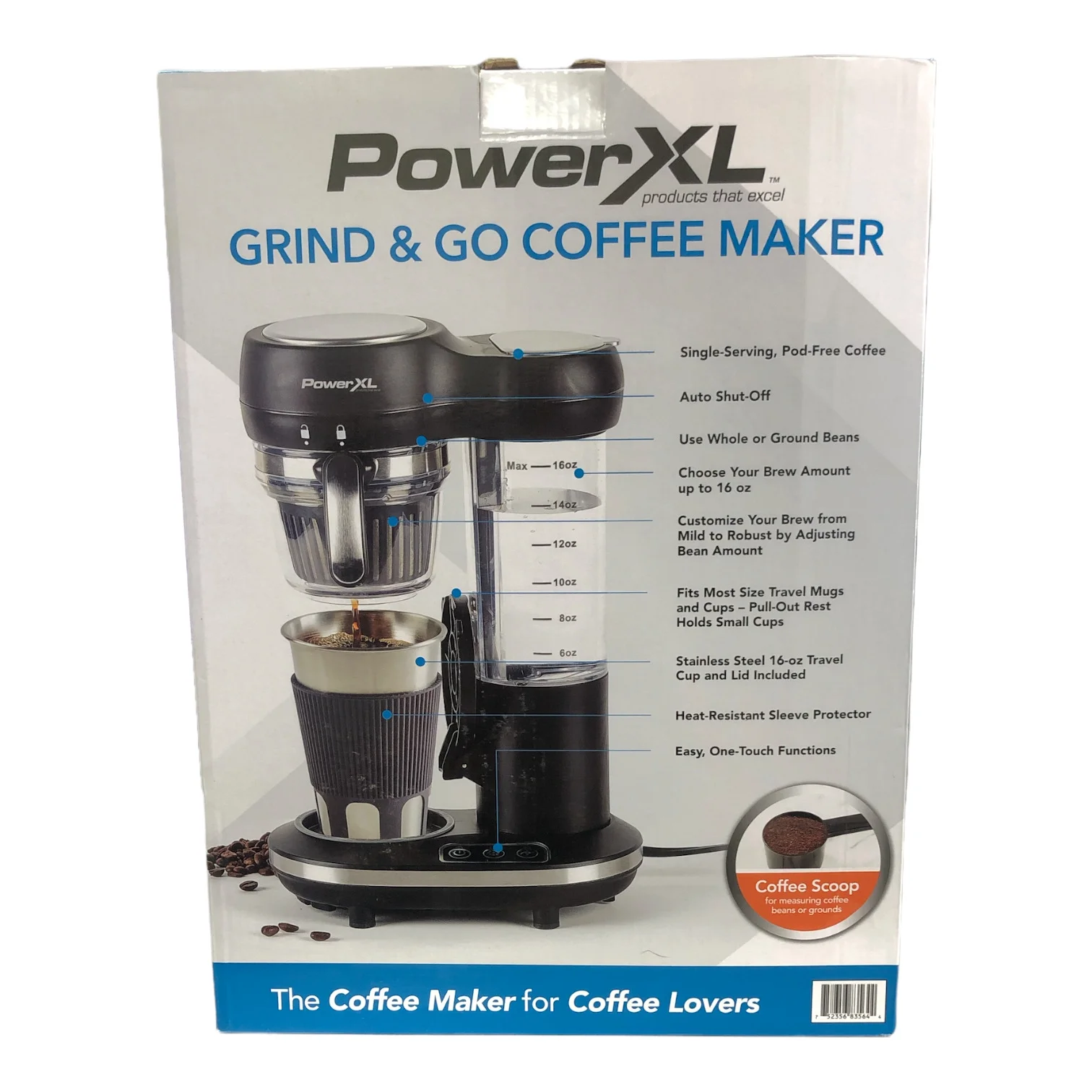 PowerXL Grind & Go Coffee Maker, Automatic Single-Serve Coffee Machine with 16-oz Travel Mug and Built-In Grinder, Auto Shut-Off, Stainless Steel