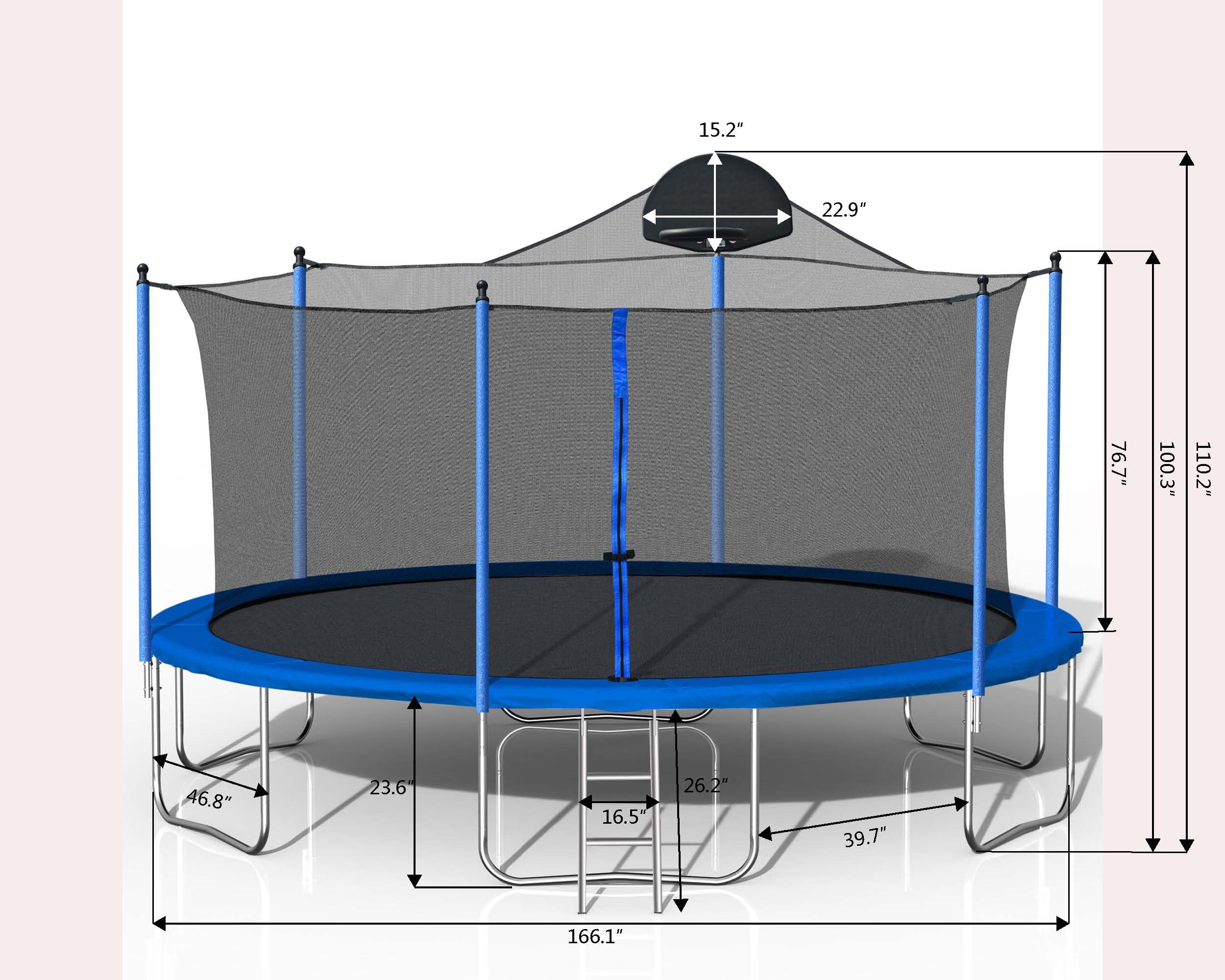 14ft Trampoline for Kids Teens Adults with Basketball Hoop and Safety Enclosure Net, Outdoor Large Recreational Trampoline with Metal Ladder, ASTM Approved & High Stability