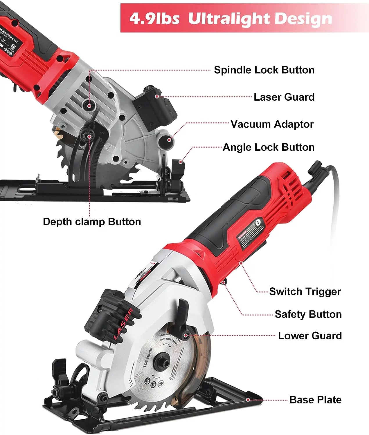 PowerSmart 4 Amp 4-1/2 inch Mini Circular Saw with 2 Wood Blades and Laser Guide