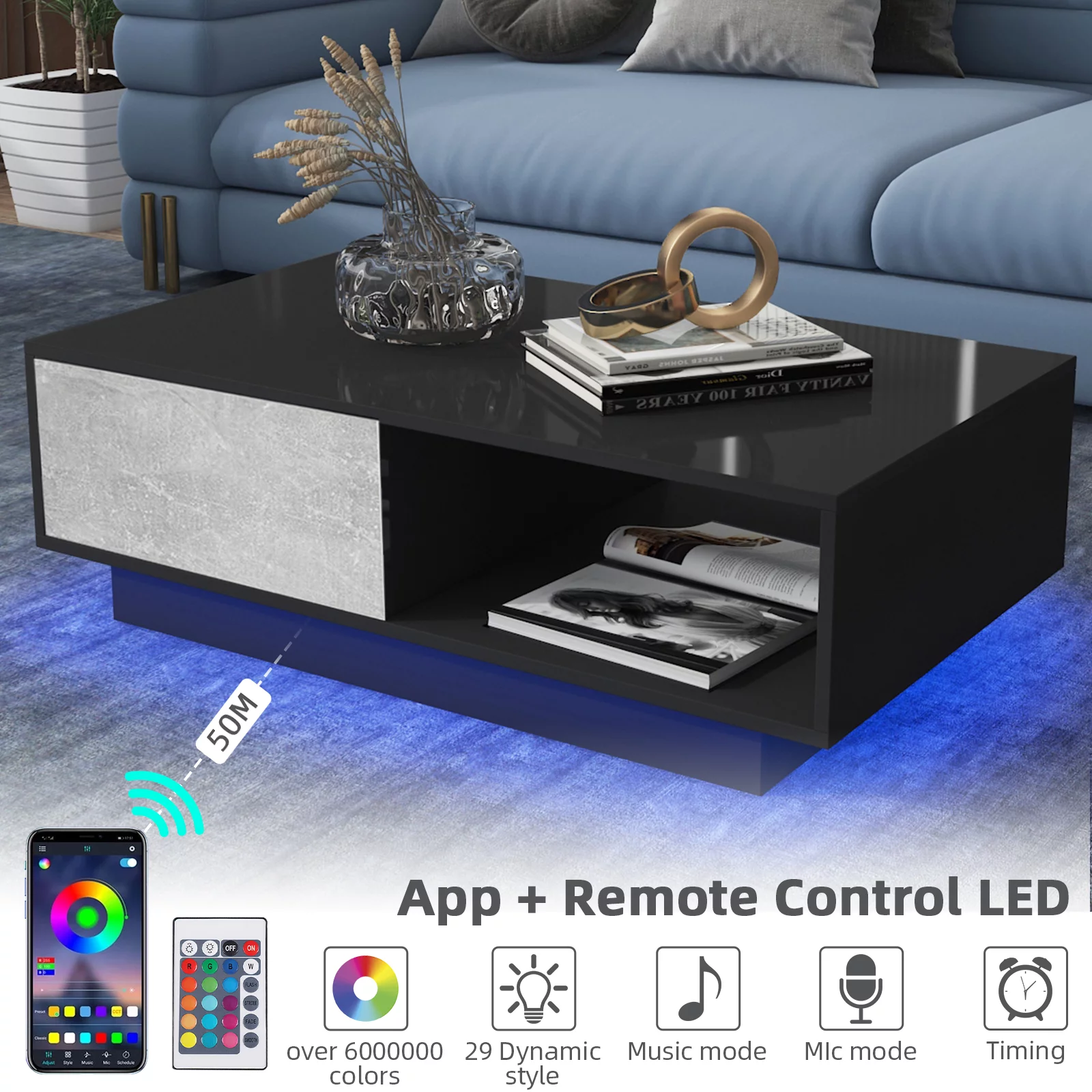 Hommpa LED Coffee Table Modern Side Tables High Gloss Black Cocktail Table with Drawer Open Shelf for Living Room