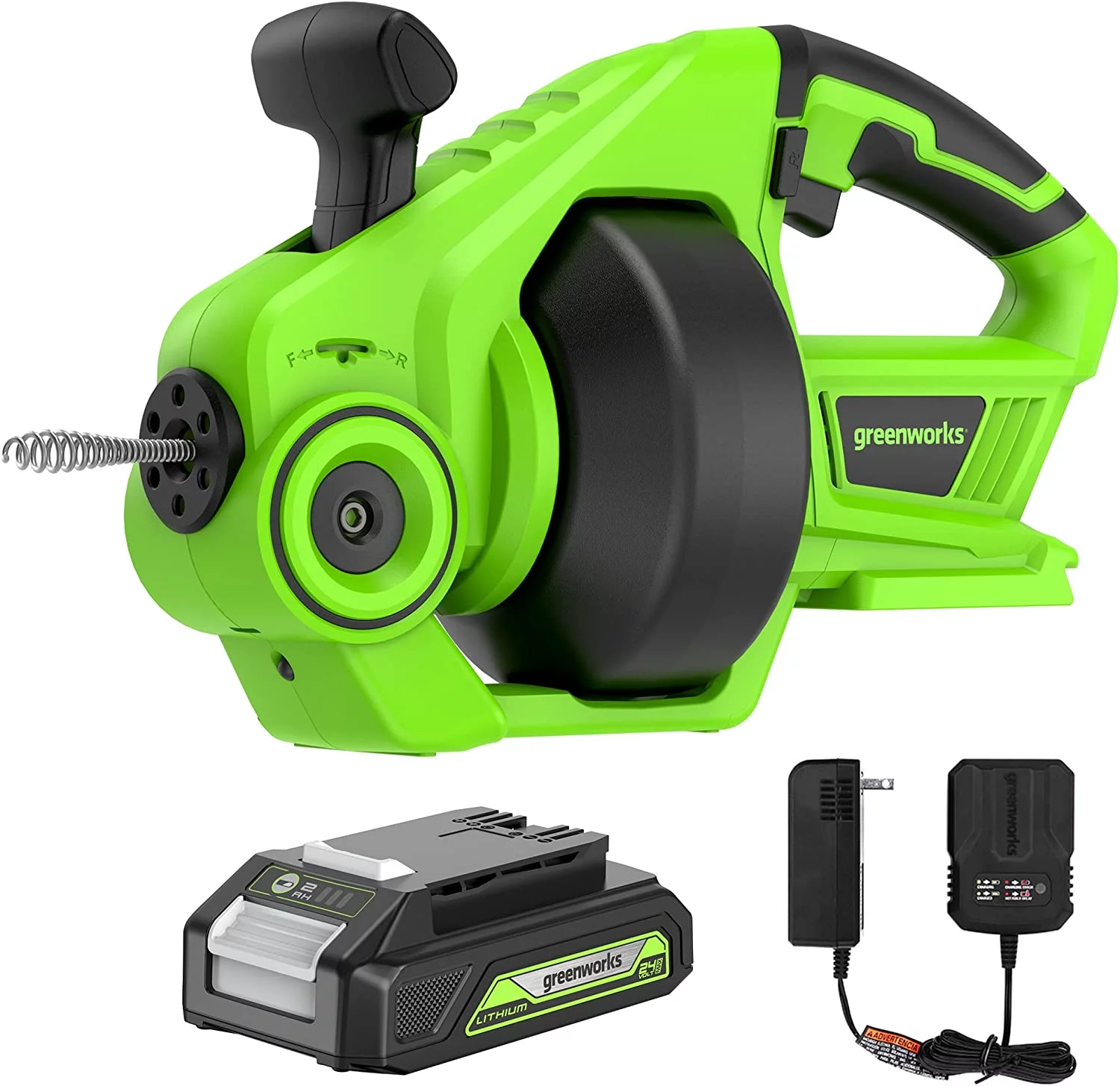 Greenworks 24V Drain Auger 550 RPM with 2Ah Battery and Fast Charger