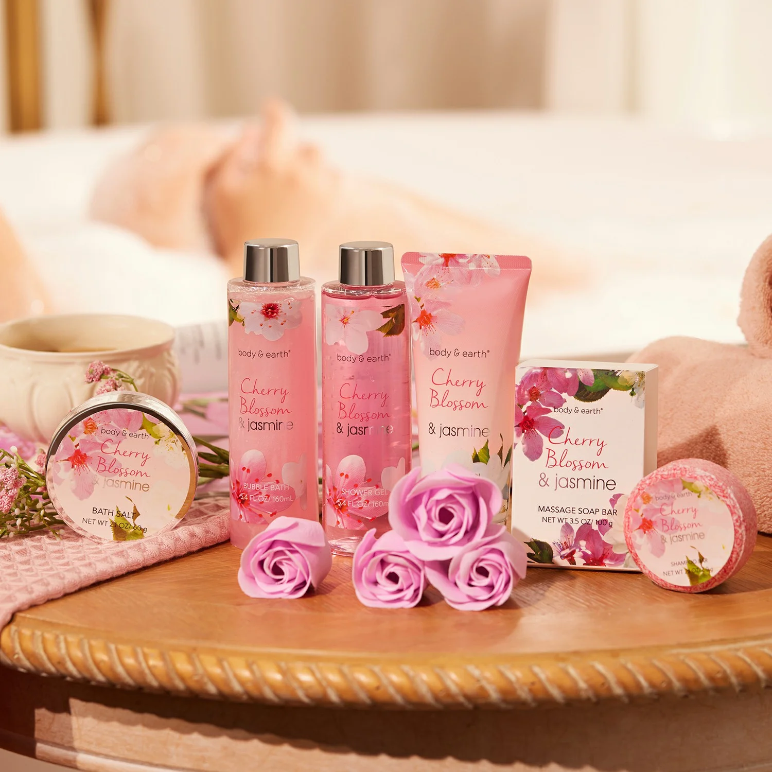 Bath Gift Sets for Women, 8 Pcs Cherry Blossom & Jasmine Spa Baskets, Beauty Body Holiday Valentines Day Gift Sets