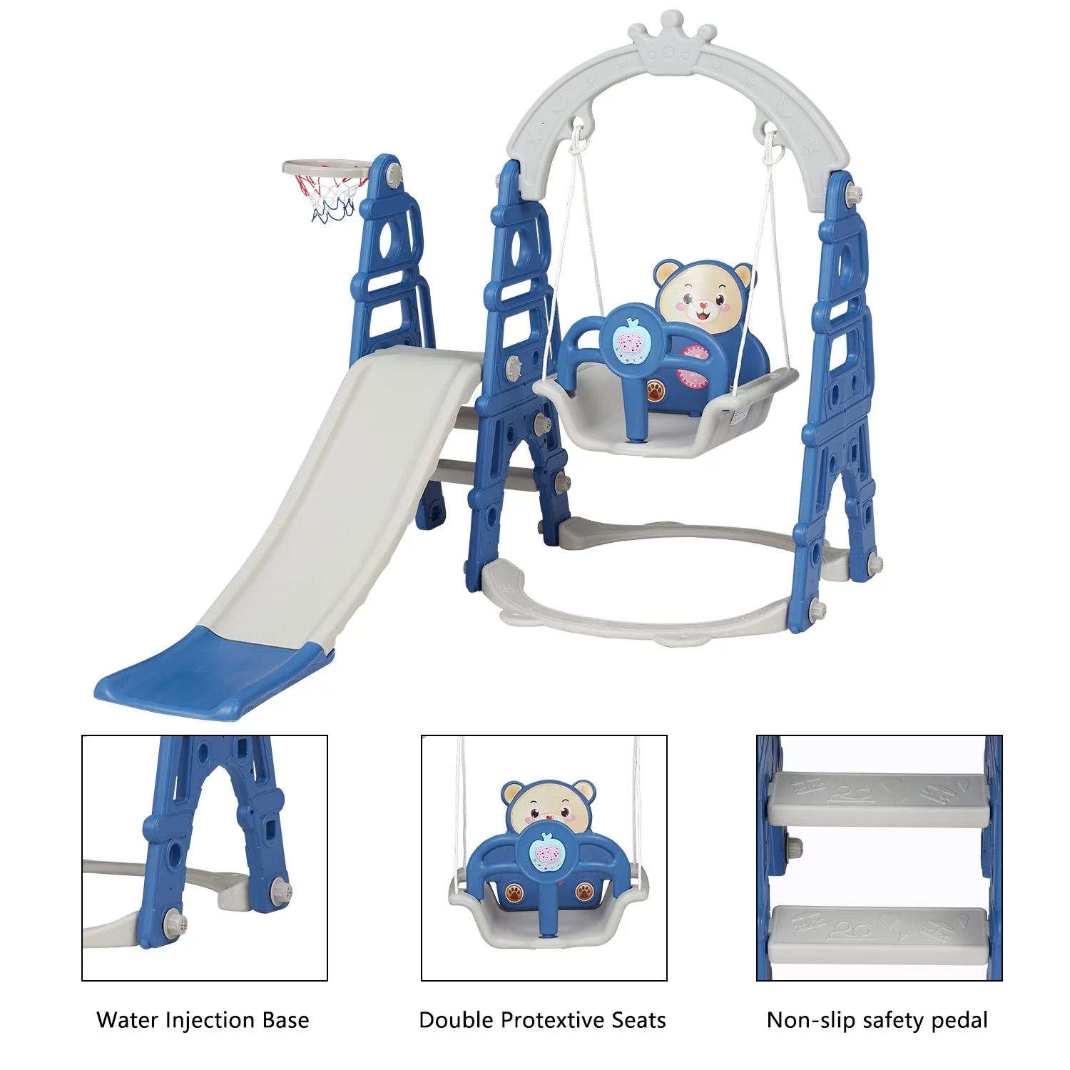 Kinbor 5-in-1 Kids Combination Slides Climbing Basketball Hoop and Swing Set, Blue