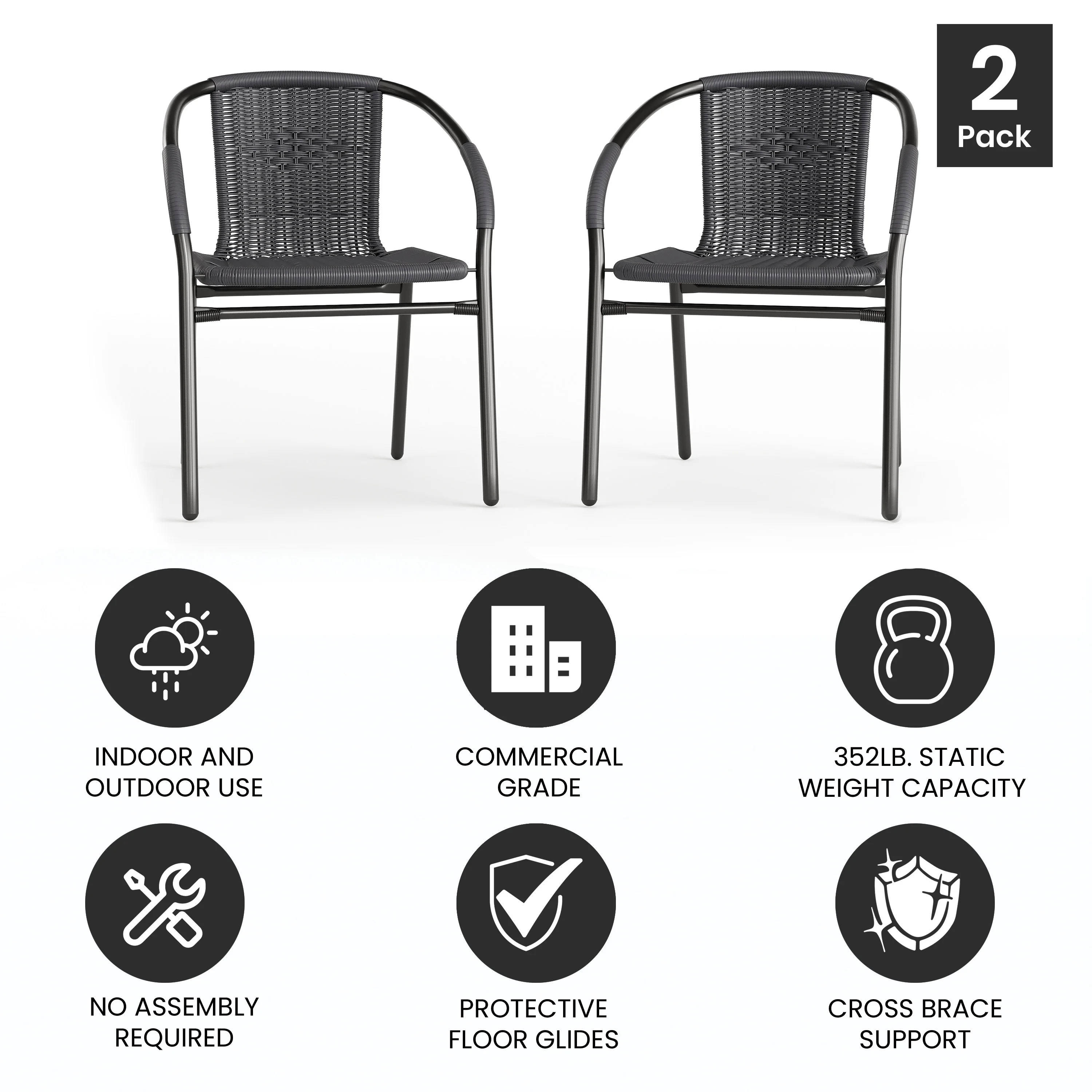 Emma + Oliver 2 Pack Gray Rattan Indoor-Outdoor Restaurant Stack Chair with Curved Back