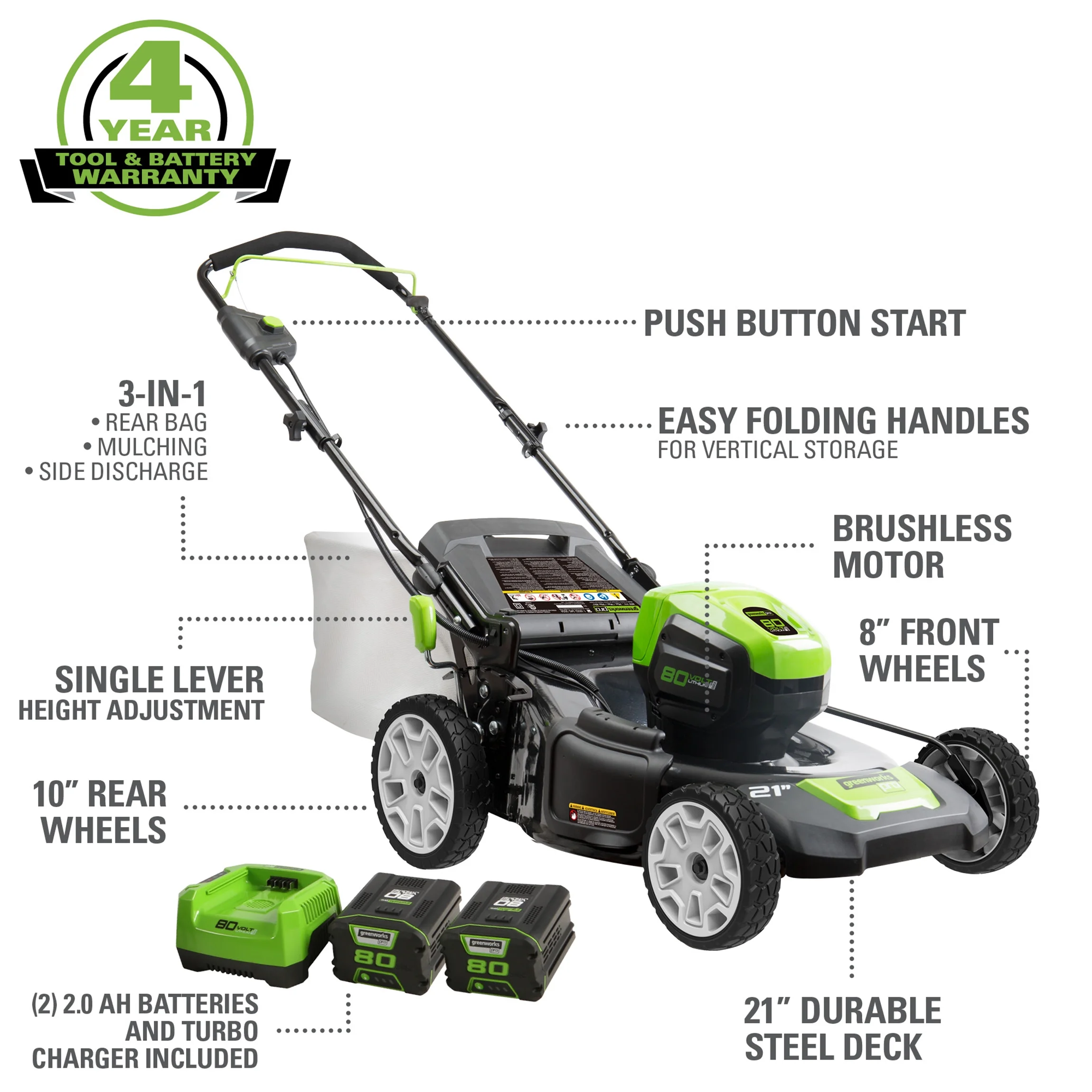 Greenworks 21″ 80 Volt Battery Powered Push Walk-Behind Mower