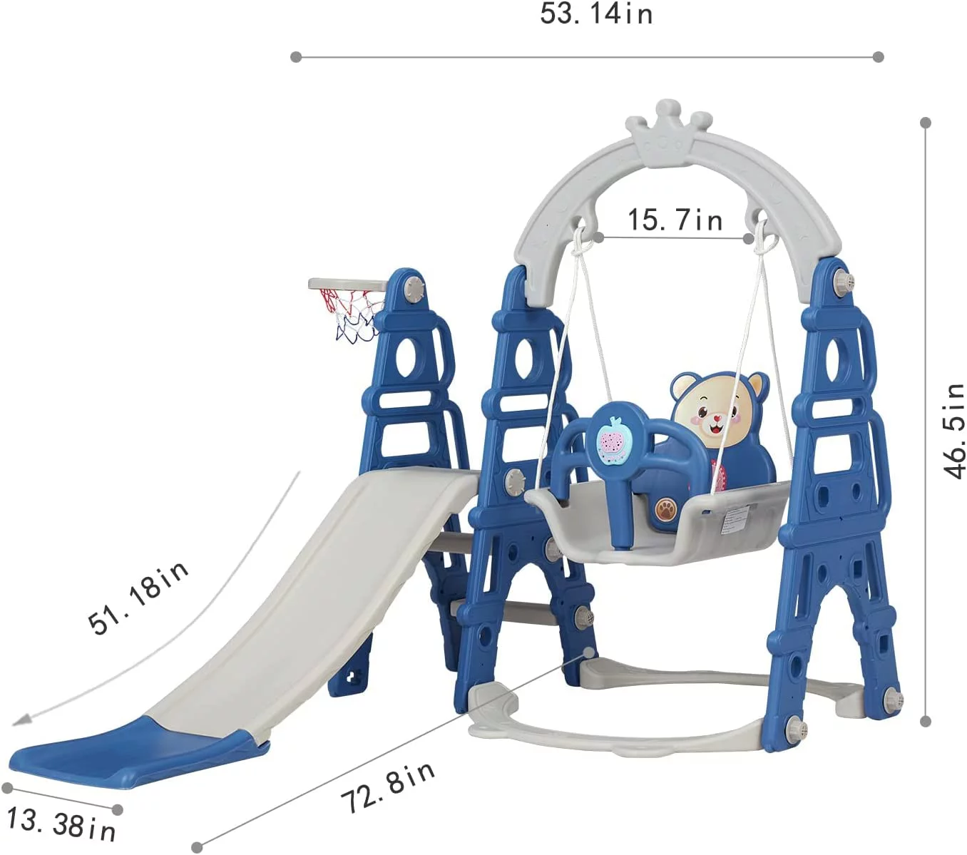 Kinbor 5-in-1 Kids Combination Slides Climbing Basketball Hoop and Swing Set w/ Strong Rope, Blue