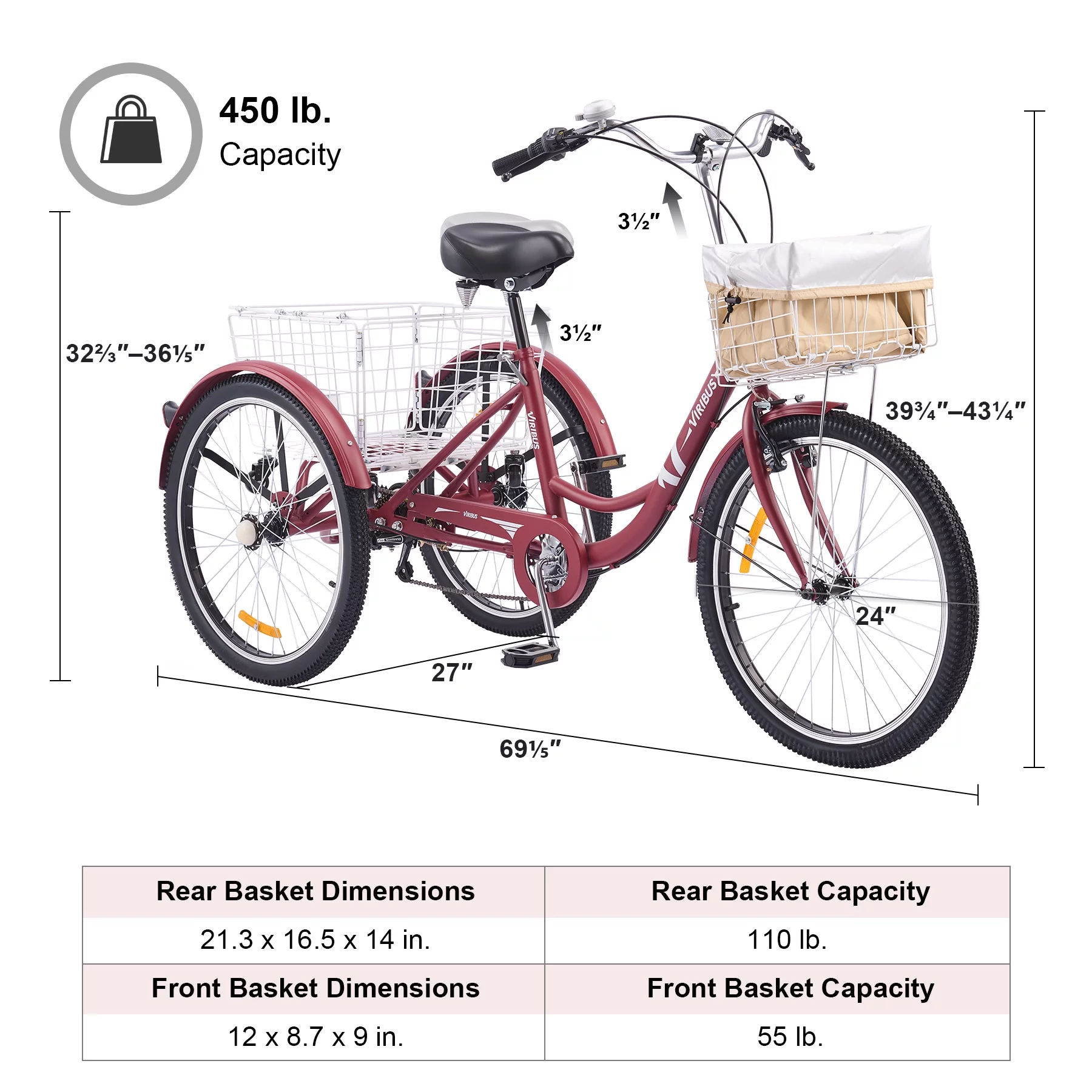 VIRIBUS 24 Inch Adult Trike 7 Speed Bike w Adjustable Seat 2 Baskets Matte Gray